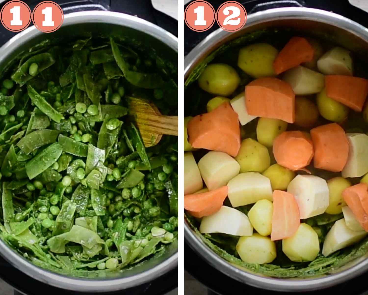 Collage steps to make Instant pot Undhiyu; add the greens and layer the potatoes. 