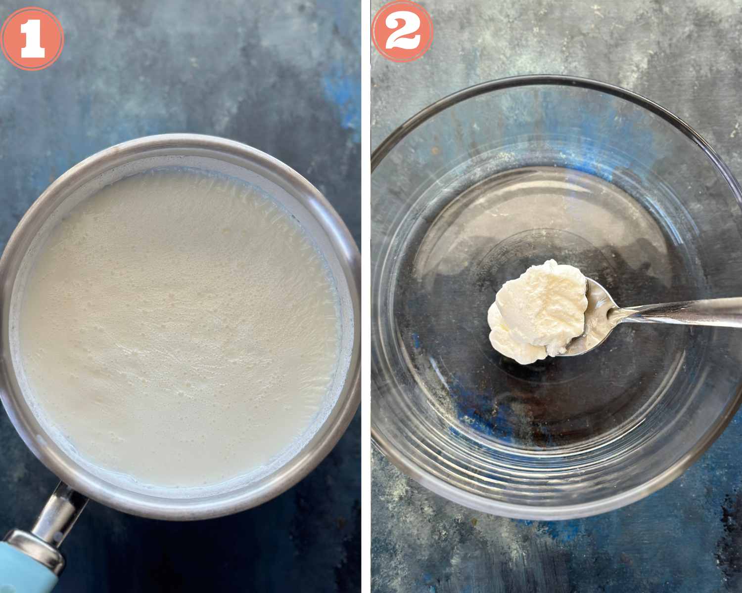Collage steps to make instant pot yogurt; heat and cool milk and add yogurt to a container. 