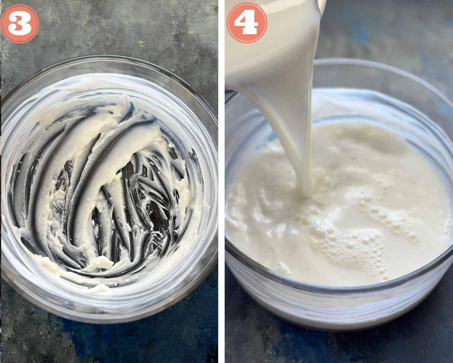 Collage steps to make instant pot yogurt; spread yogurt and add milk. 
