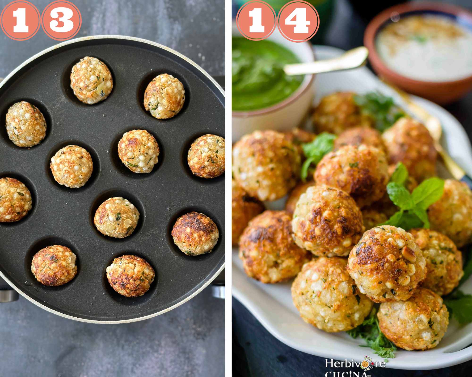 Collage steps to make non-fried sabudana vada;  cook them on all sides and serve.