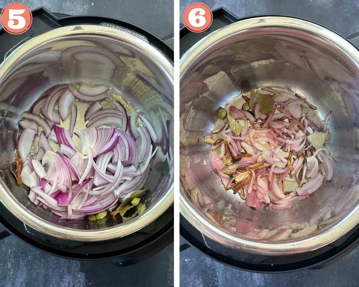 Collage steps to make Parsi Brown Rice; add onions and let them caramelize. 