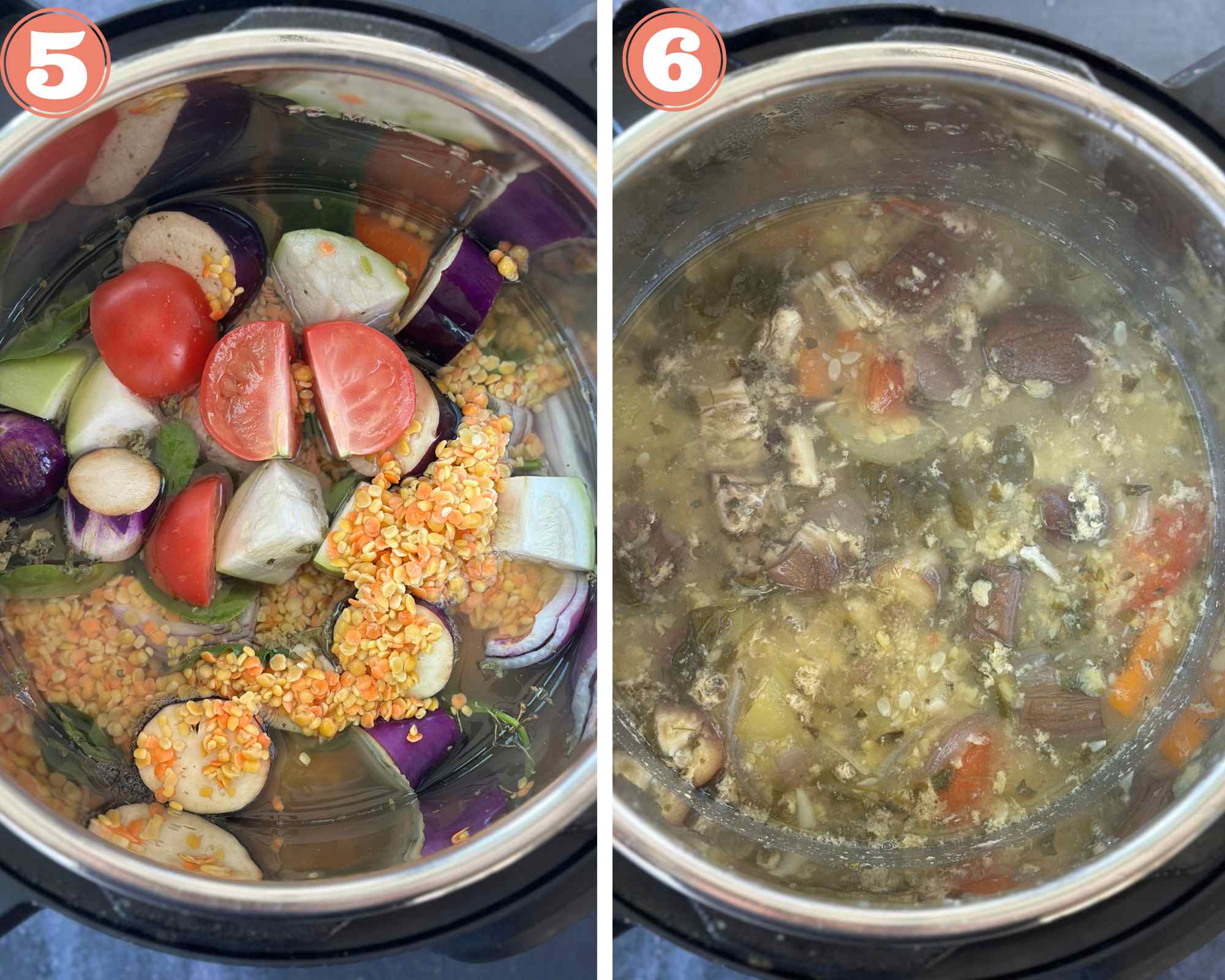 Collage steps for Parsi Dhanshak; cook on high pressure for 12 minutes and let the pressure release before opening the Instant Pot. 