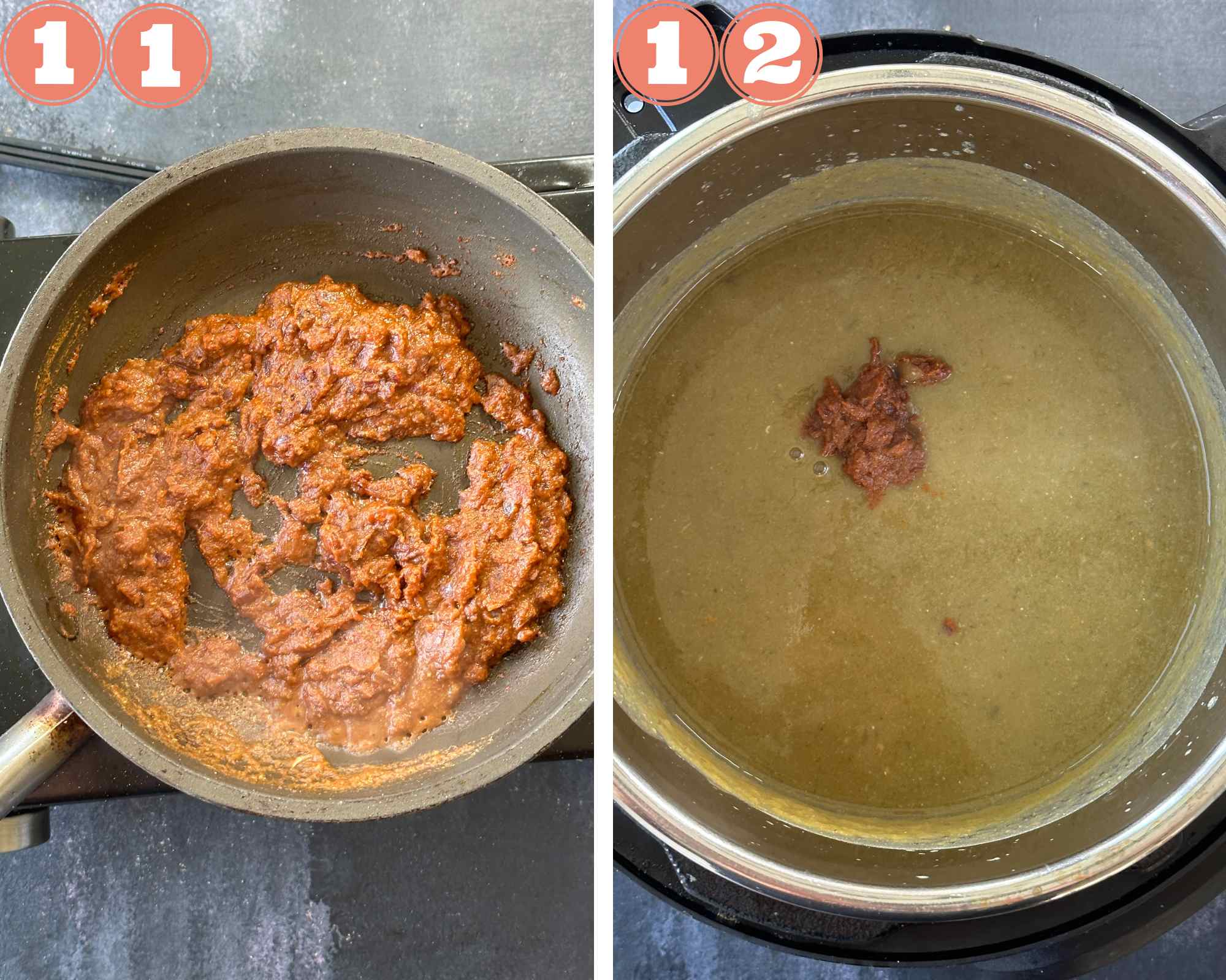 Collage steps for Parsi Dhanshak; add the masala and transfer to the dhanshak. 