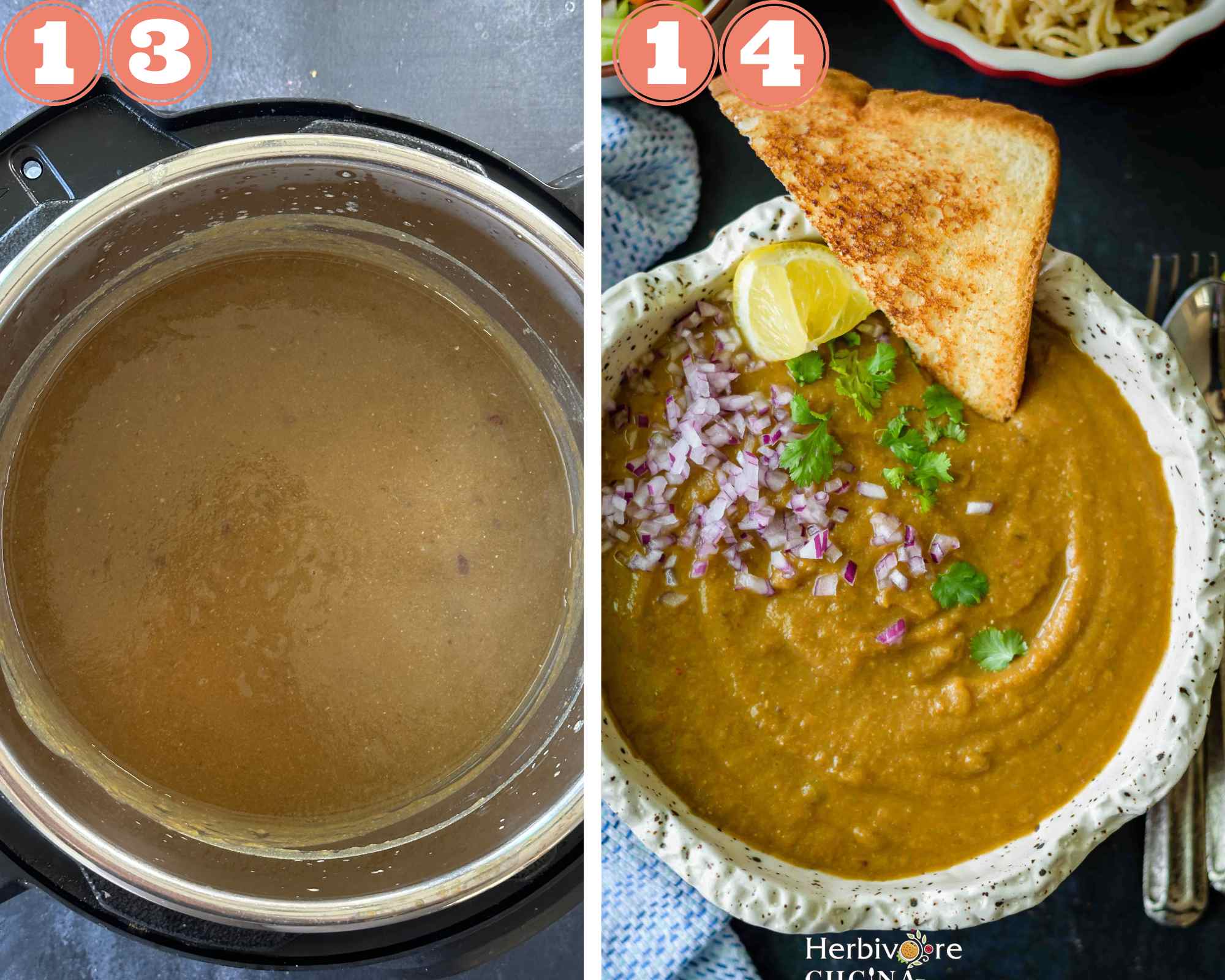 Collage steps for Parsi Dhanshak; add to the dhanshak and serve with toasted bread. 