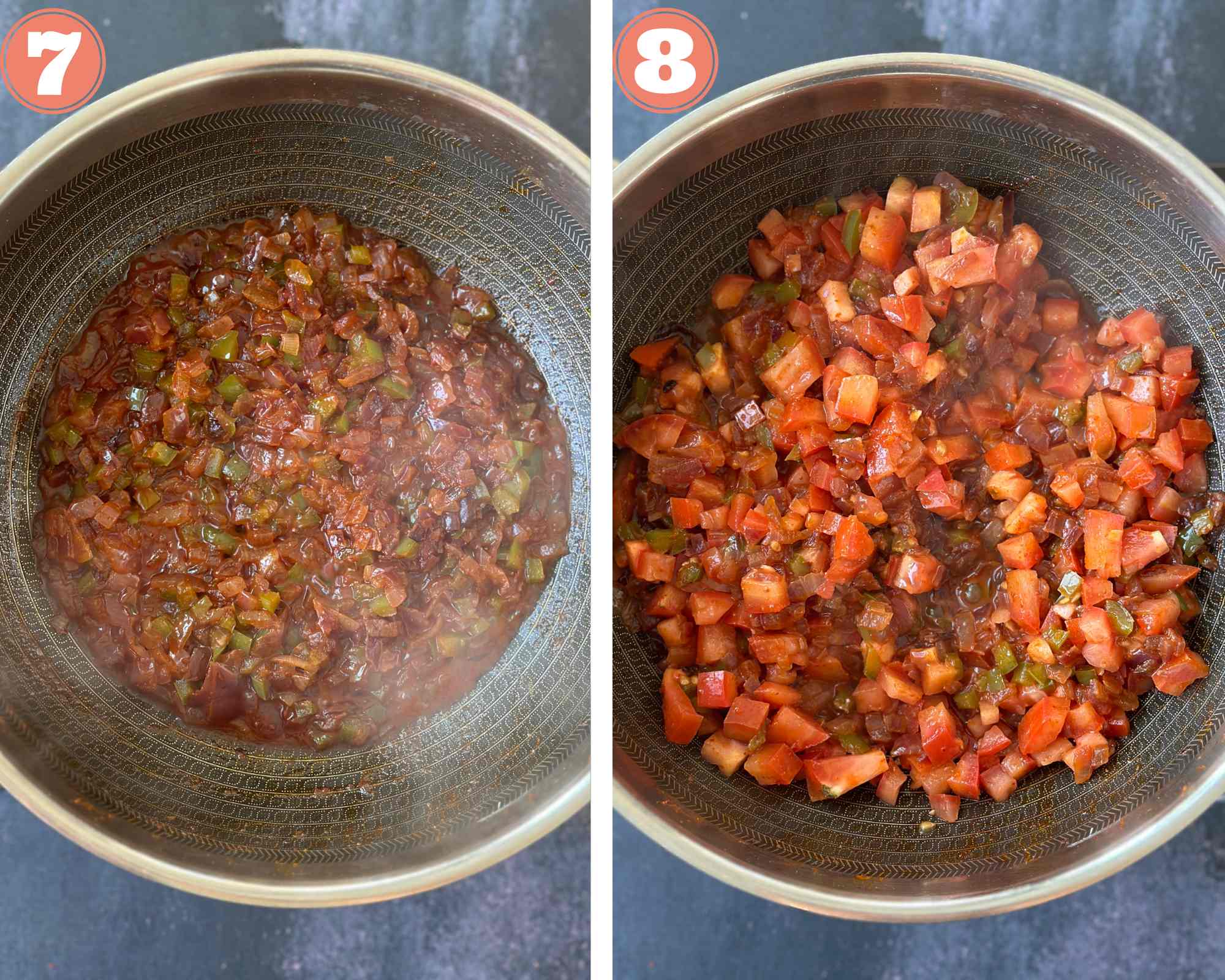 Collage steps to make Pav Bhaji; cook the onions and peppers and add tomatoes. 
