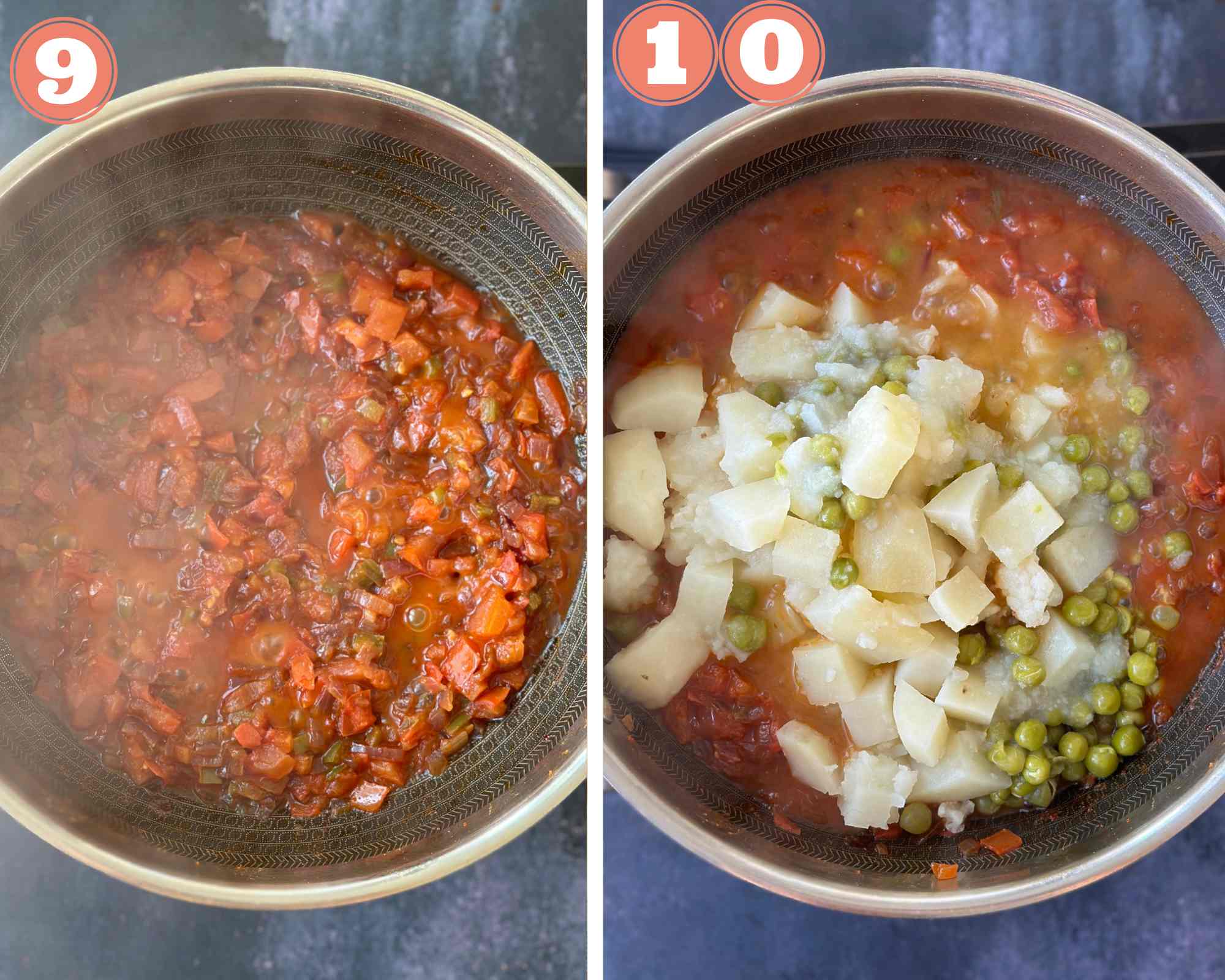 Collage steps to make Pav Bhaji; cook tomatoes and add pressure cooked vegetables. 