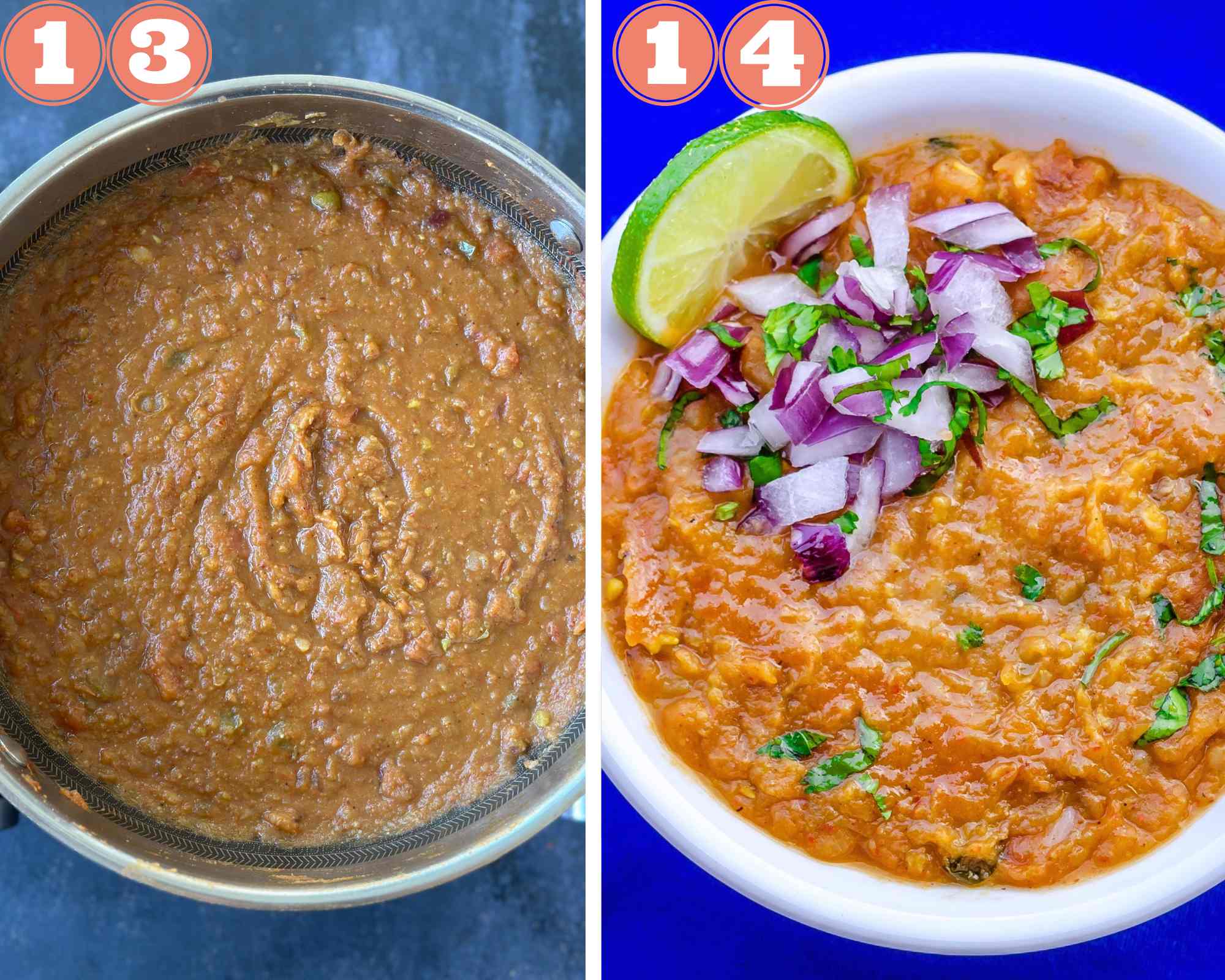 Collage steps to make Pav Bhaji; mix well and serve topped with onions, cilantro and lemon with toasted bread. 