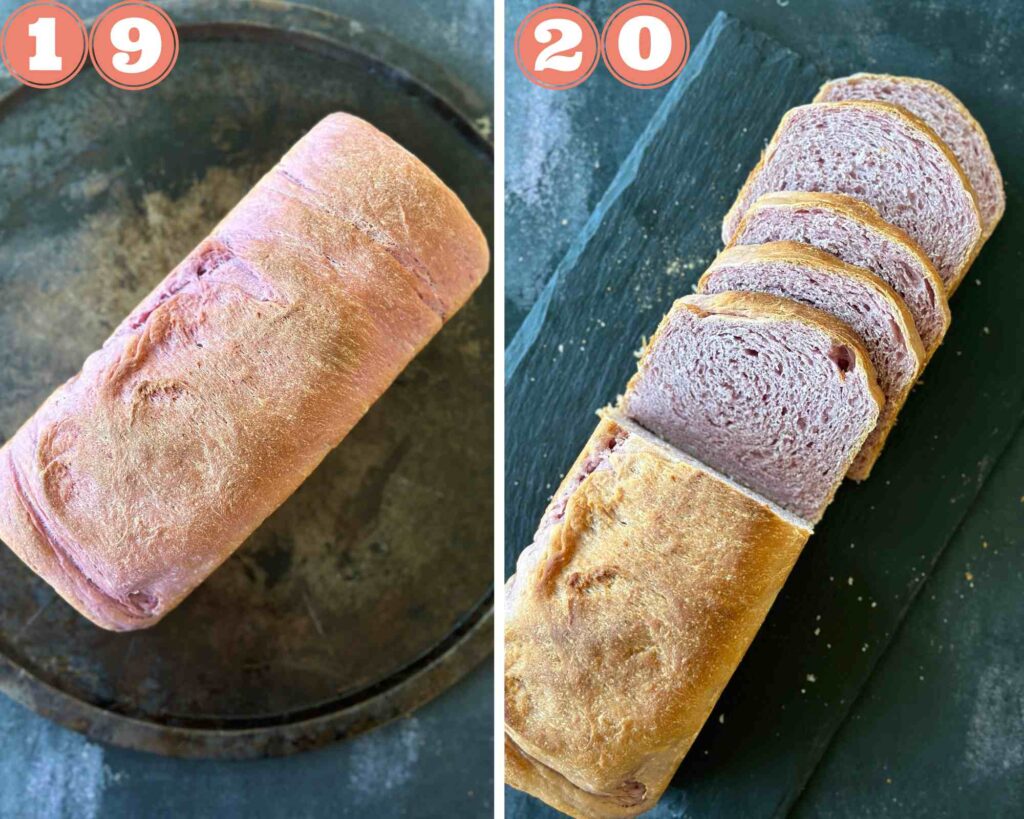 Collage steps to make Purple Sweet Potato Bread; remove, cool and slice. 