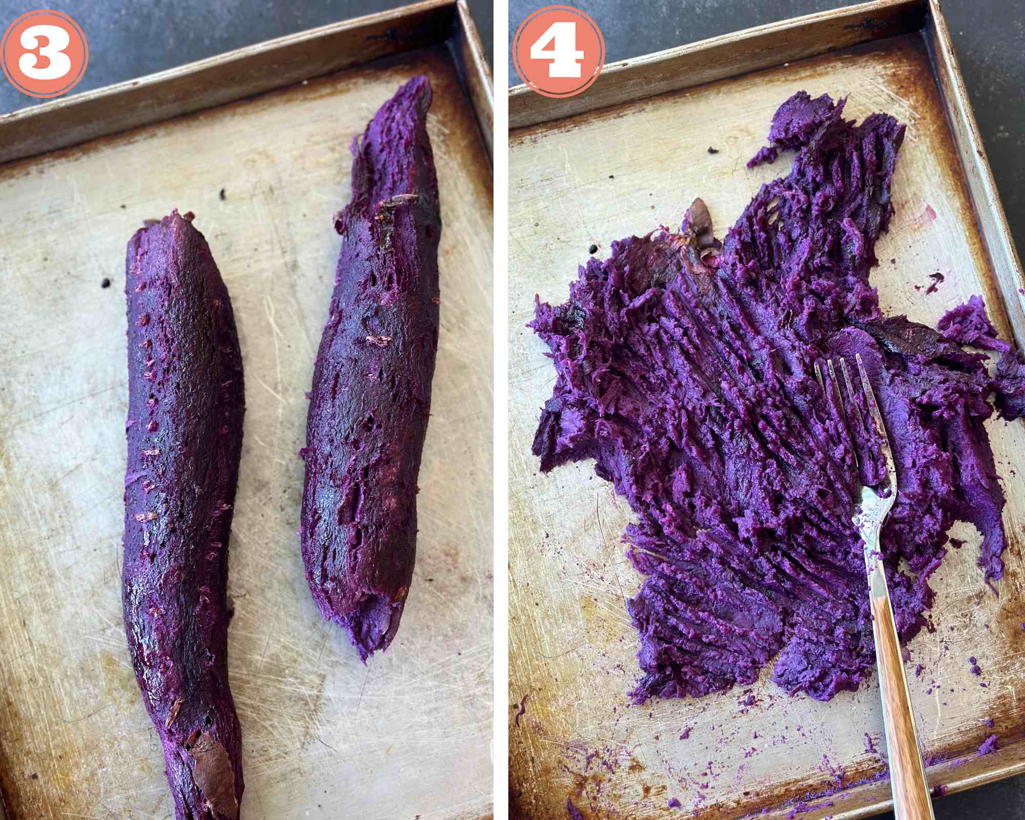 Collage steps to make Purple Sweet Potato Bread; peel and mash the sweet potato. 