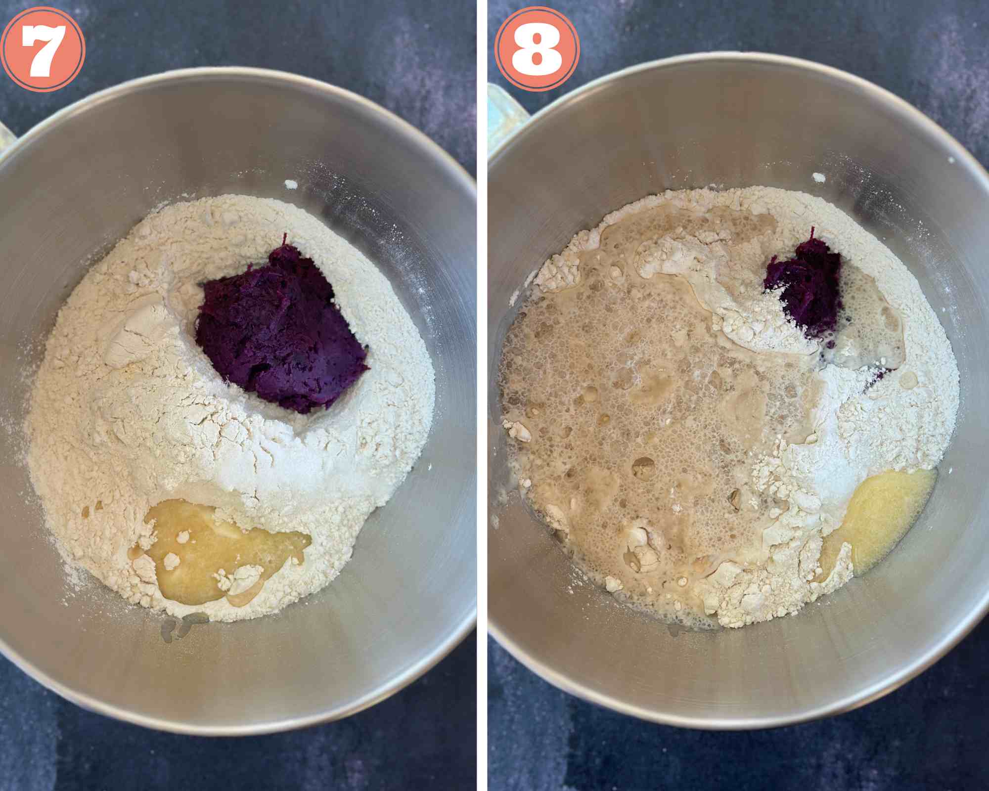 Collage steps to make Purple Sweet Potato Bread; add all the ingredients to a bowl. 