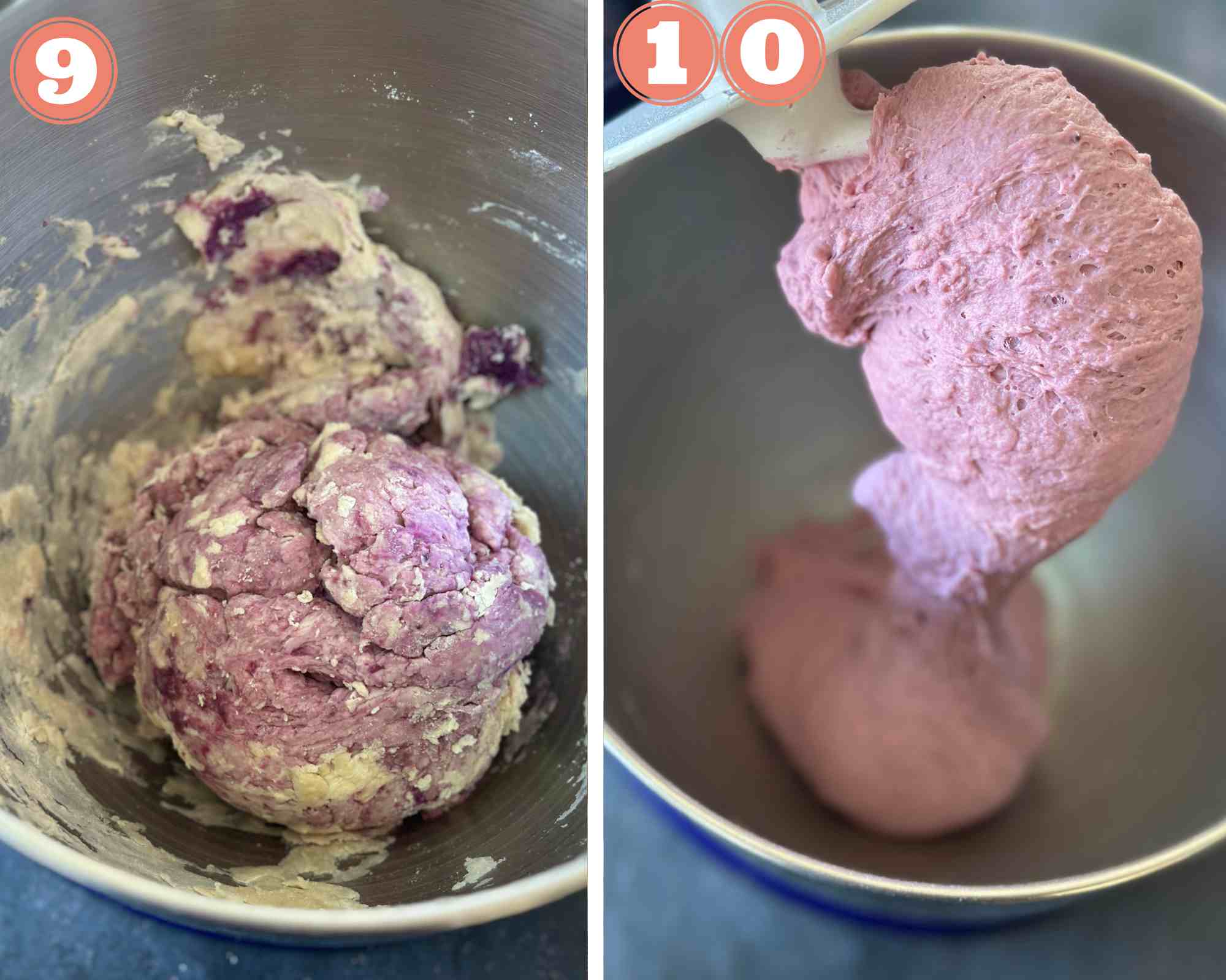 Collage steps to make Purple Sweet Potato Bread; knead well in a stand mixer. 