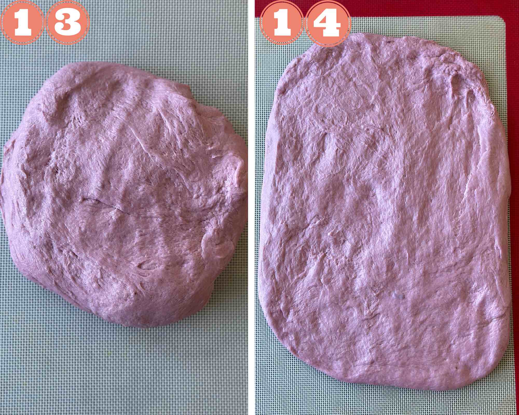 Collage steps to make Purple Sweet Potato Bread; remove dough and spread in a rectangle shape. 