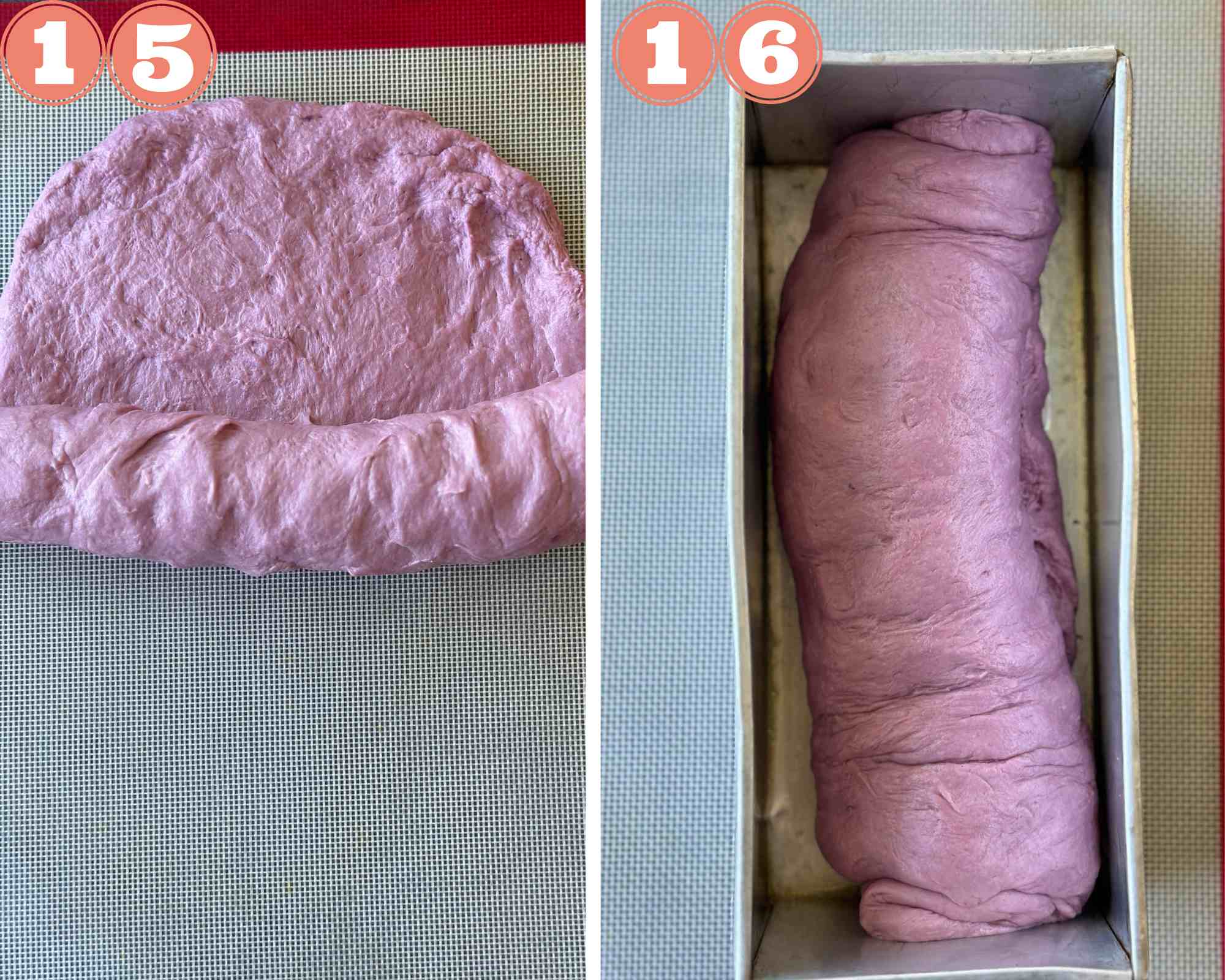 Collage steps to make Purple Sweet Potato Bread; roll tightly and place in a greased pan. 