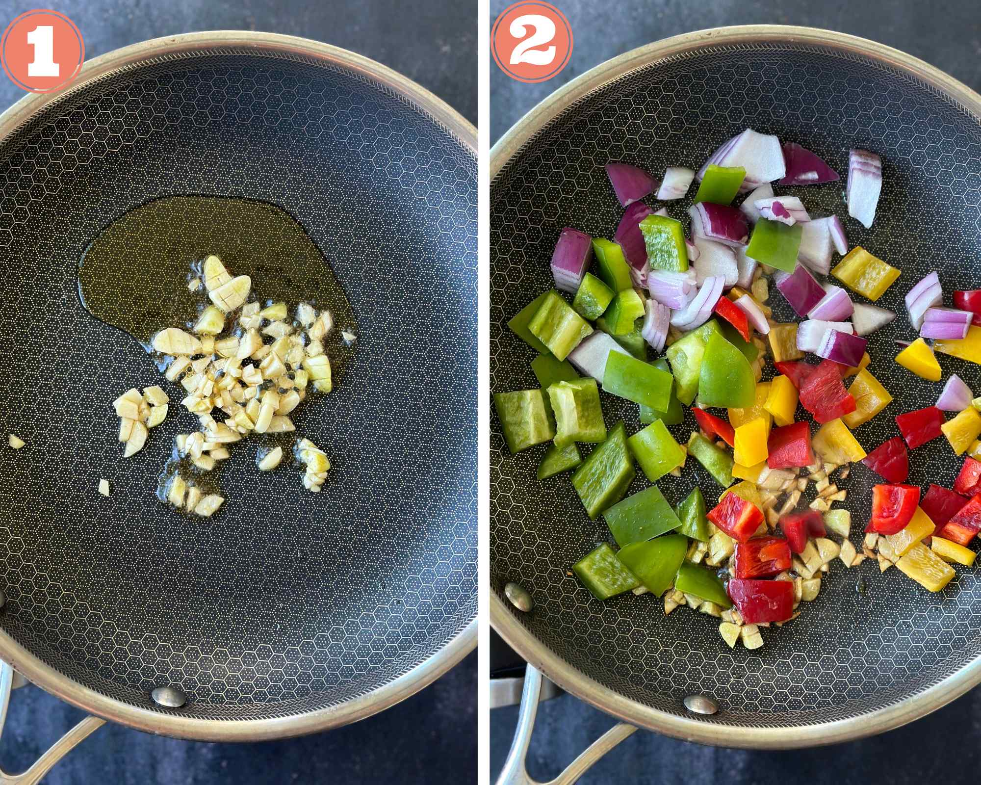 Collage steps to make Thai Pineapple Fried Rice; sauté garlic and aromatic in sesame oil in a pan. 