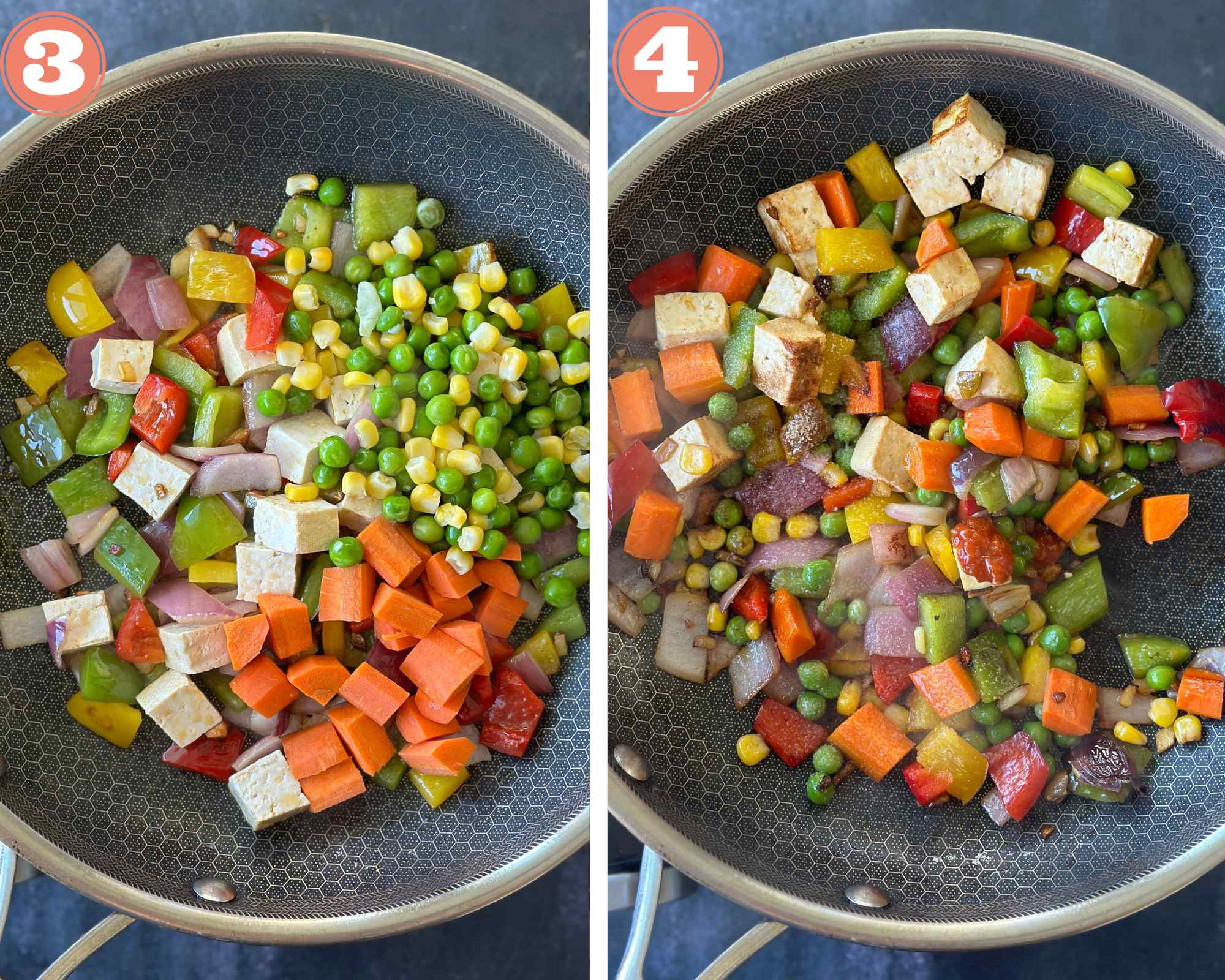 Collage steps to make Thai Pineapple Fried Rice; add vegetables and cook well. 