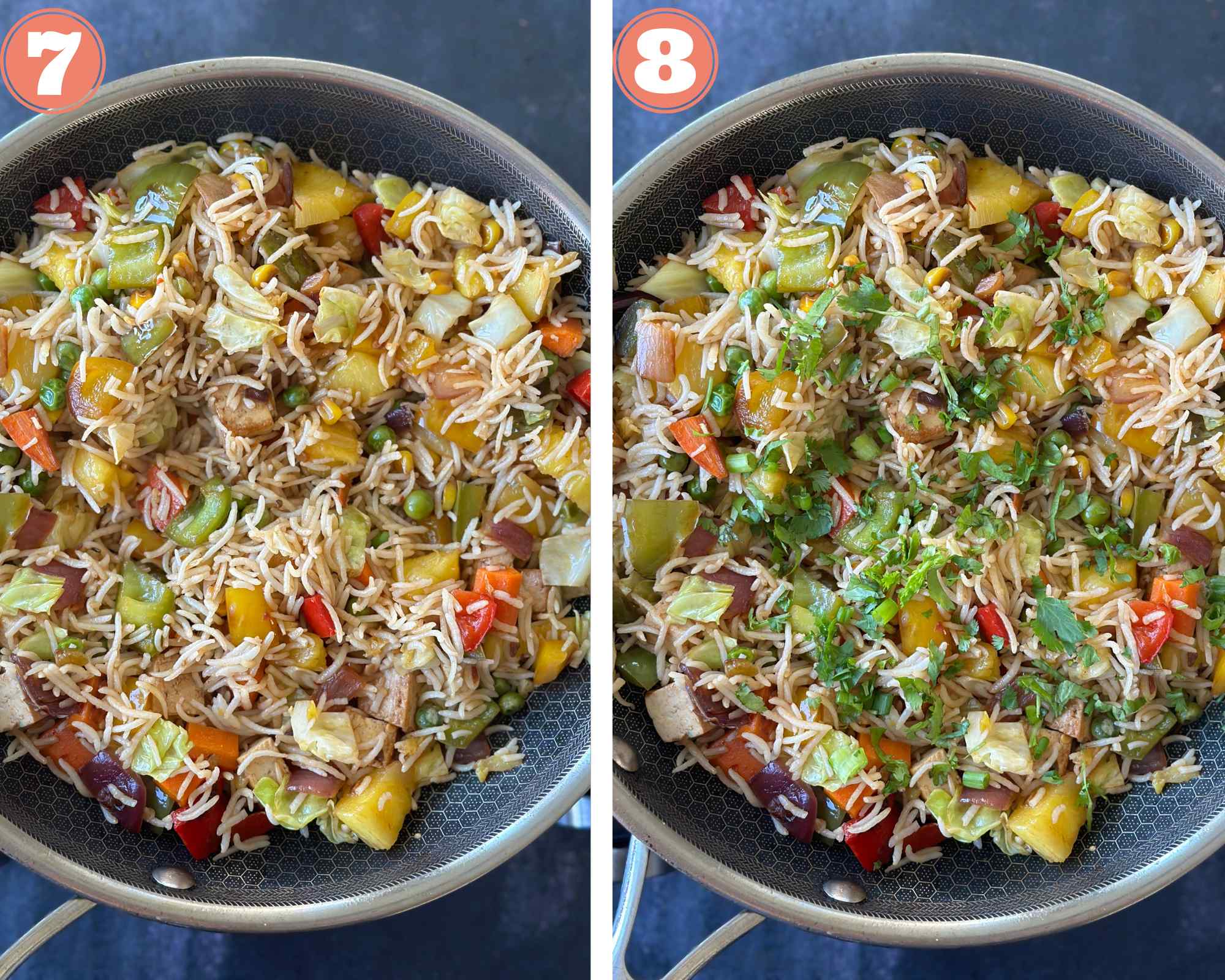Collage steps to make Thai Pineapple Fried Rice; add sauces and mix everything well before serving. 