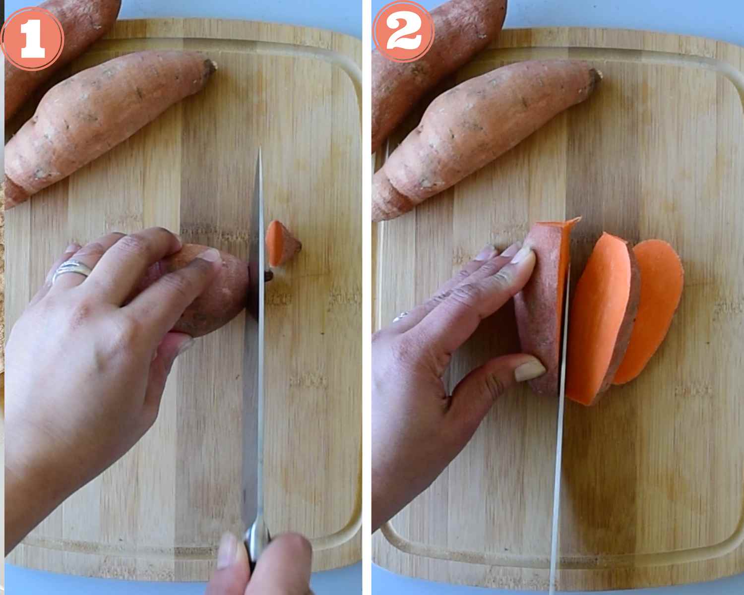 Collage steps for Air Fryer Sweet Potato Fries; cut the edges and chop the sweet potato into slices. 