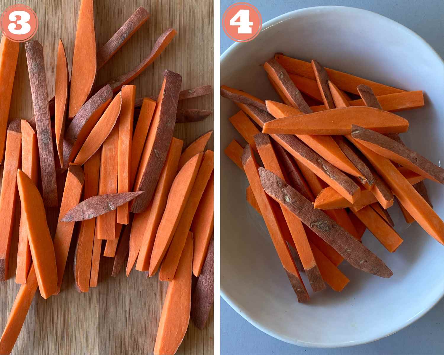 Collage steps for Air Fryer Sweet Potato Fries; slice the potato into fries and add to a bowl. 