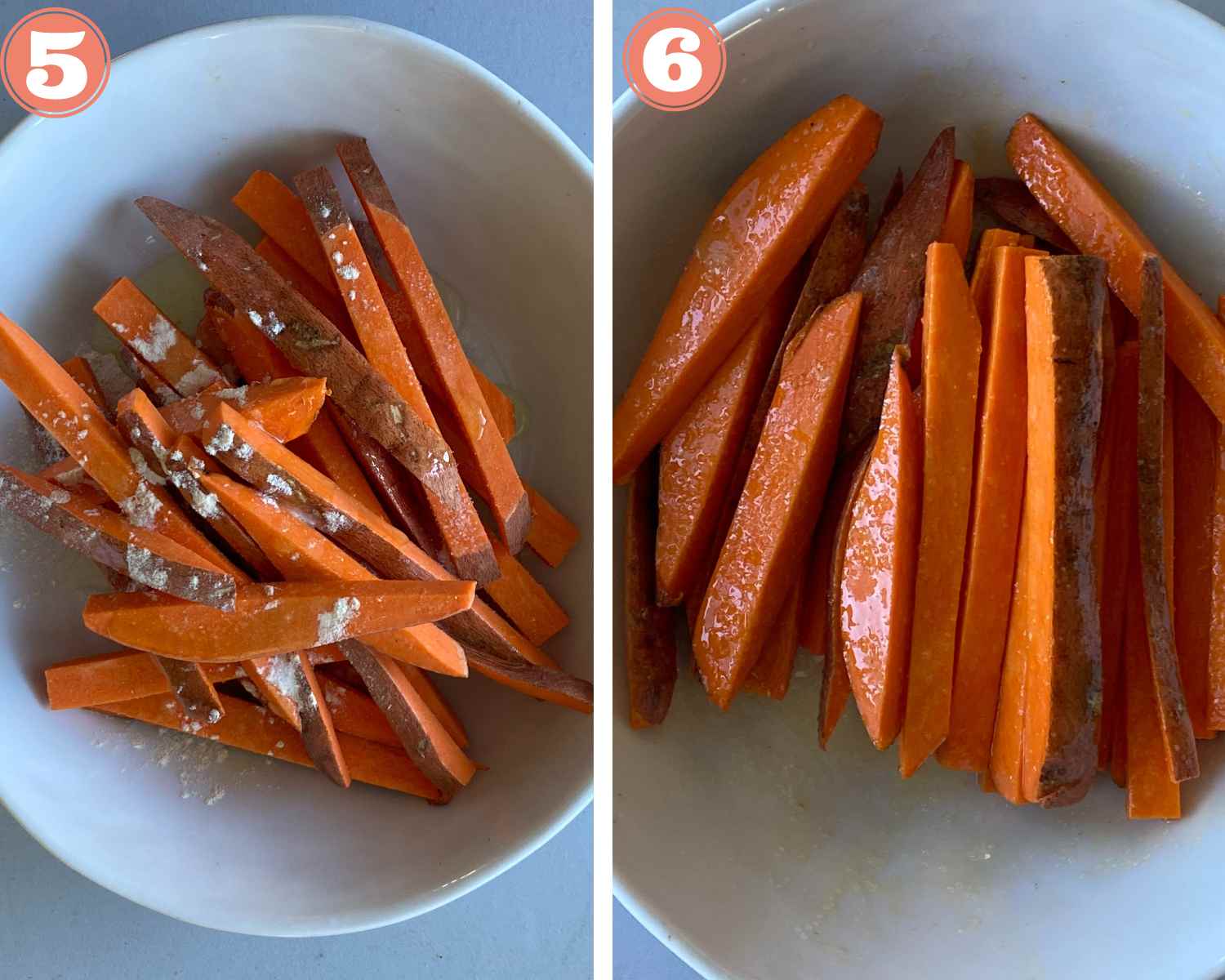 Collage steps for Air Fryer Sweet Potato Fries; add seasonings and oil and toss the fries well. 