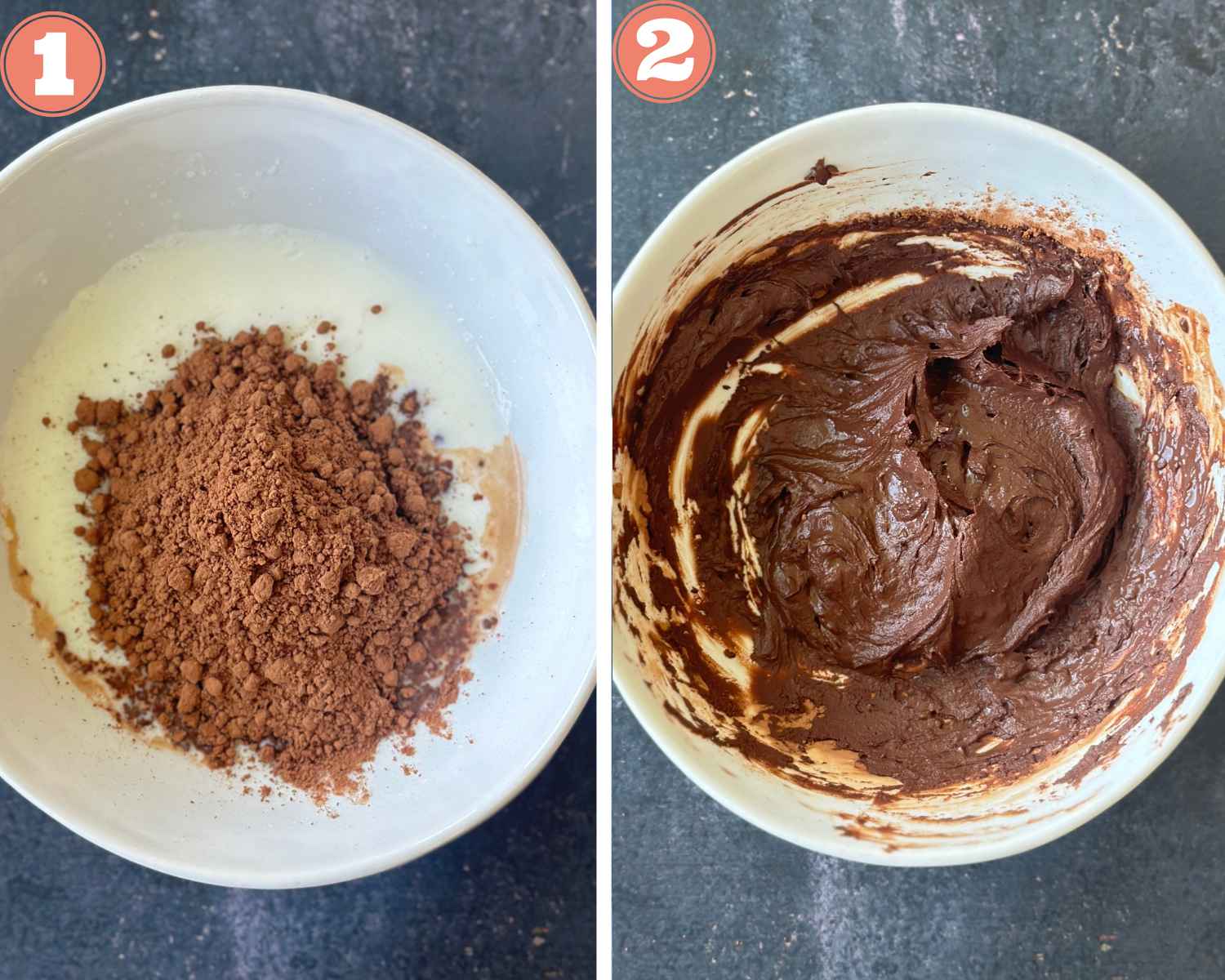 Collage steps to make Chocolate Peda; mix in cocoa powder in milk.