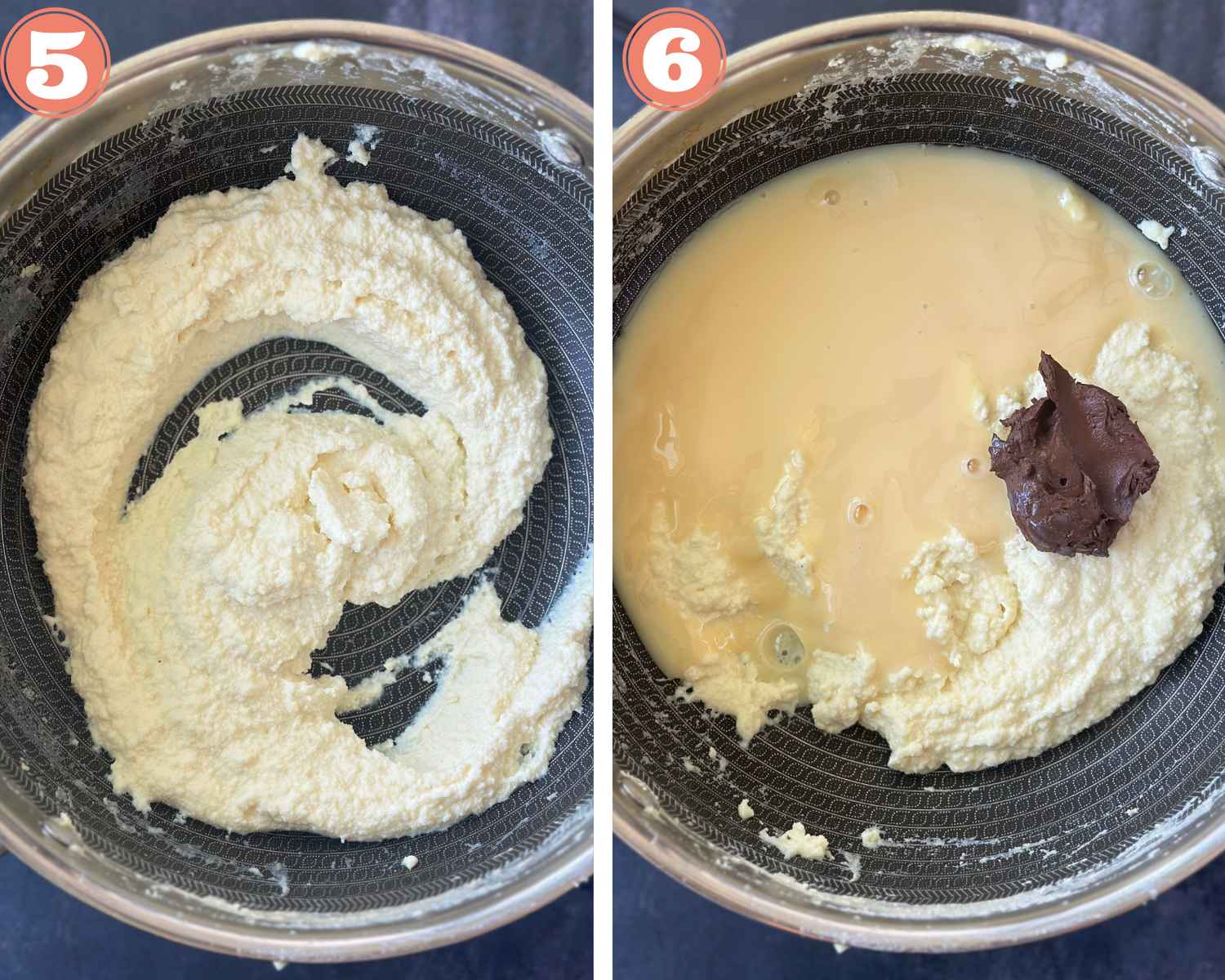Collage steps to make Chocolate Peda; testing if ricotta cheese is cooked and adding other ingredients.