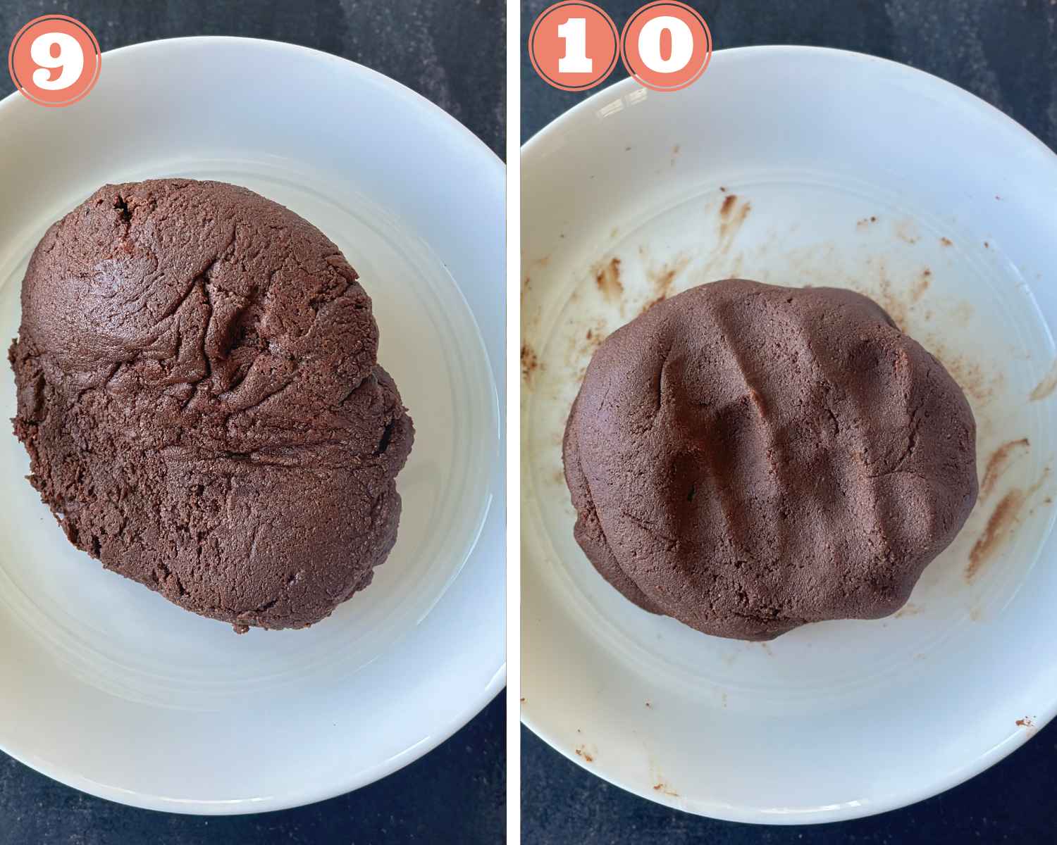 Collage steps to make Chocolate Peda; transferring the mix to a plate and kneading it well.