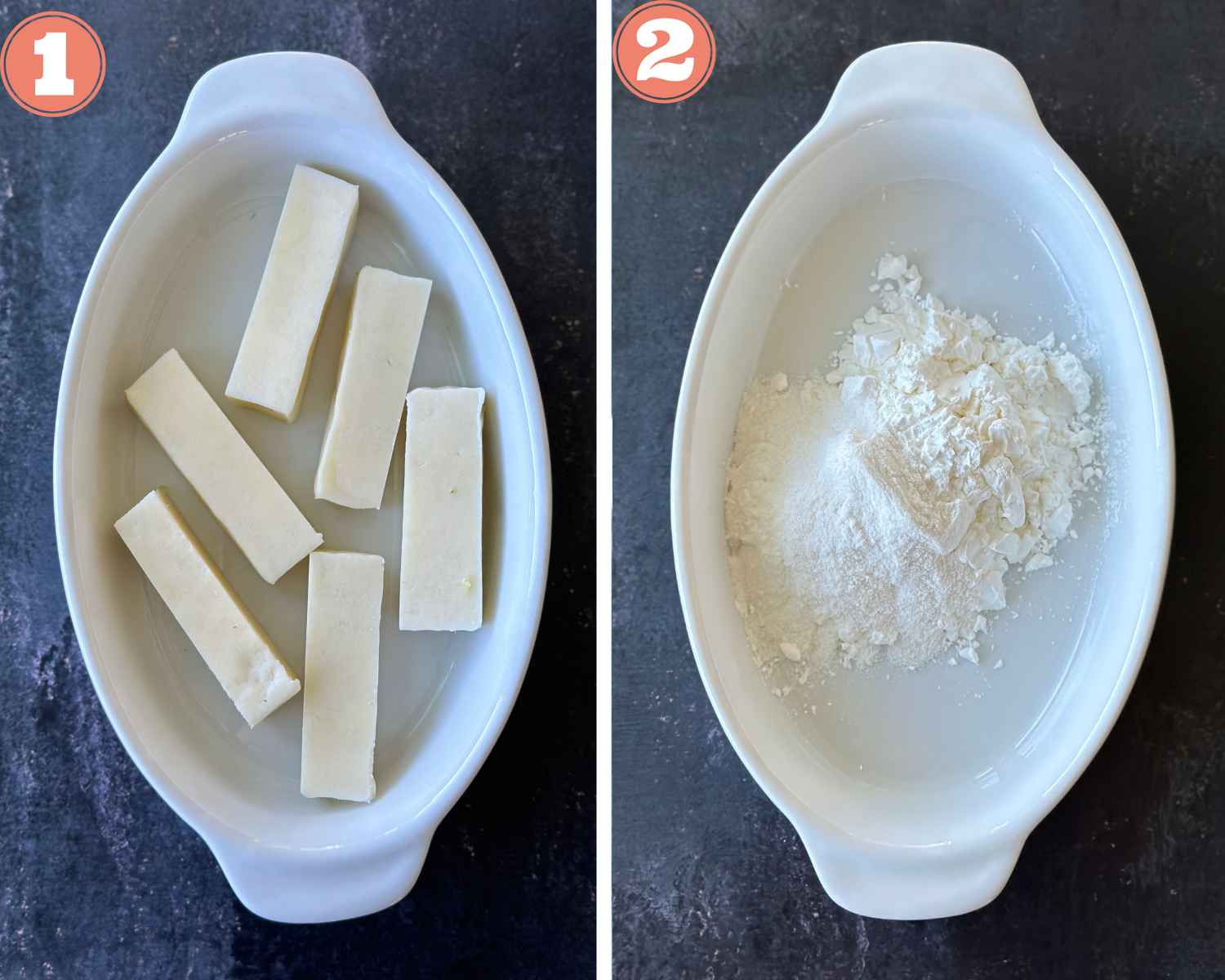 Collage steps to make Crispy Thread Paneer; adding paneer batons in a bowl and also prepare the flours in a bowl. 