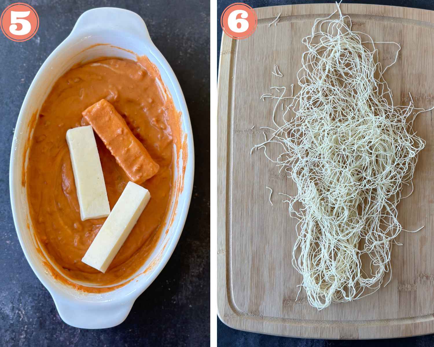 Collage steps to make Crispy Thread Paneer; coat the paneer in a cornstarch mix and thaw the kataifi well. 