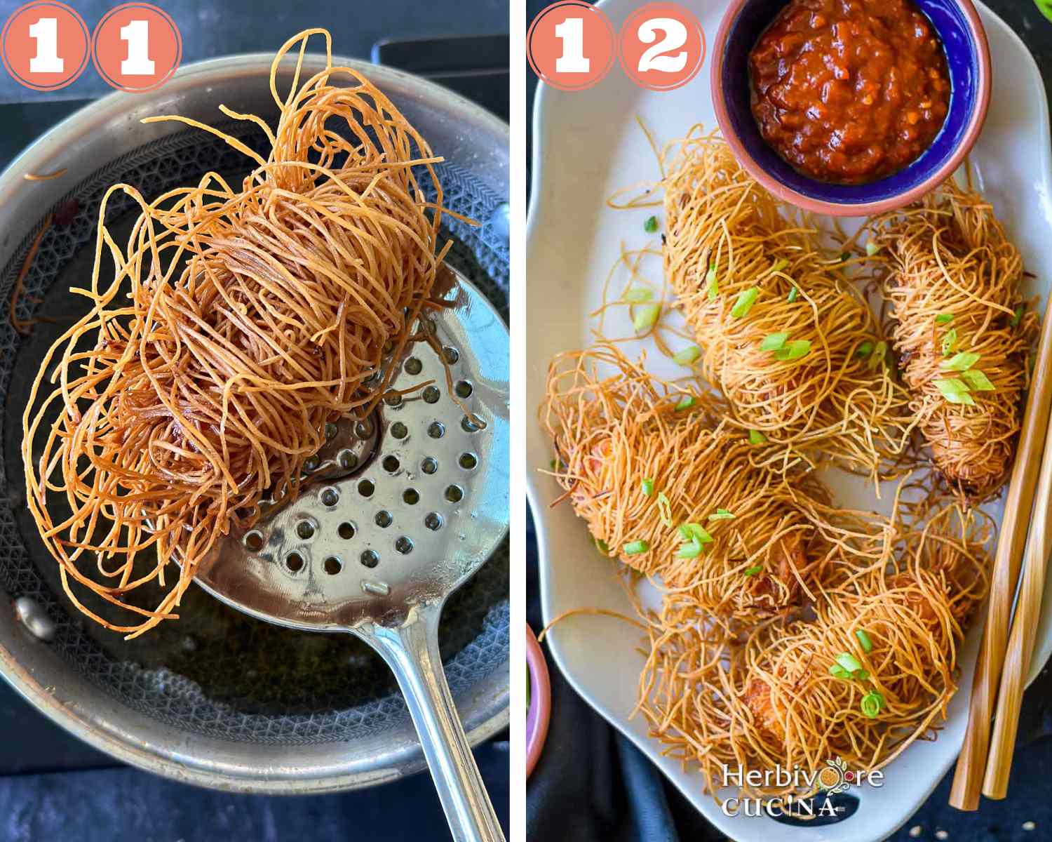 Collage steps to make Crispy Thread Paneer; fry till crips and serve with schezwan sauce. 