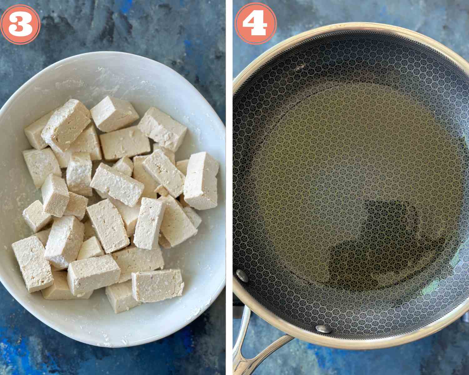 Collage steps for stir fry tofu; coat the tofu and prepping the hot oil. 
