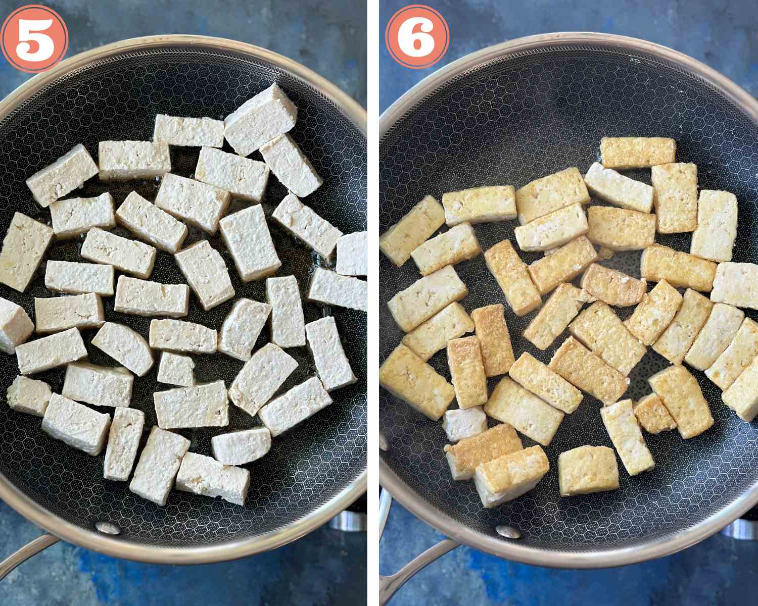 Collage steps for stir fry tofu; sautéing the tofu and crisping it up. 