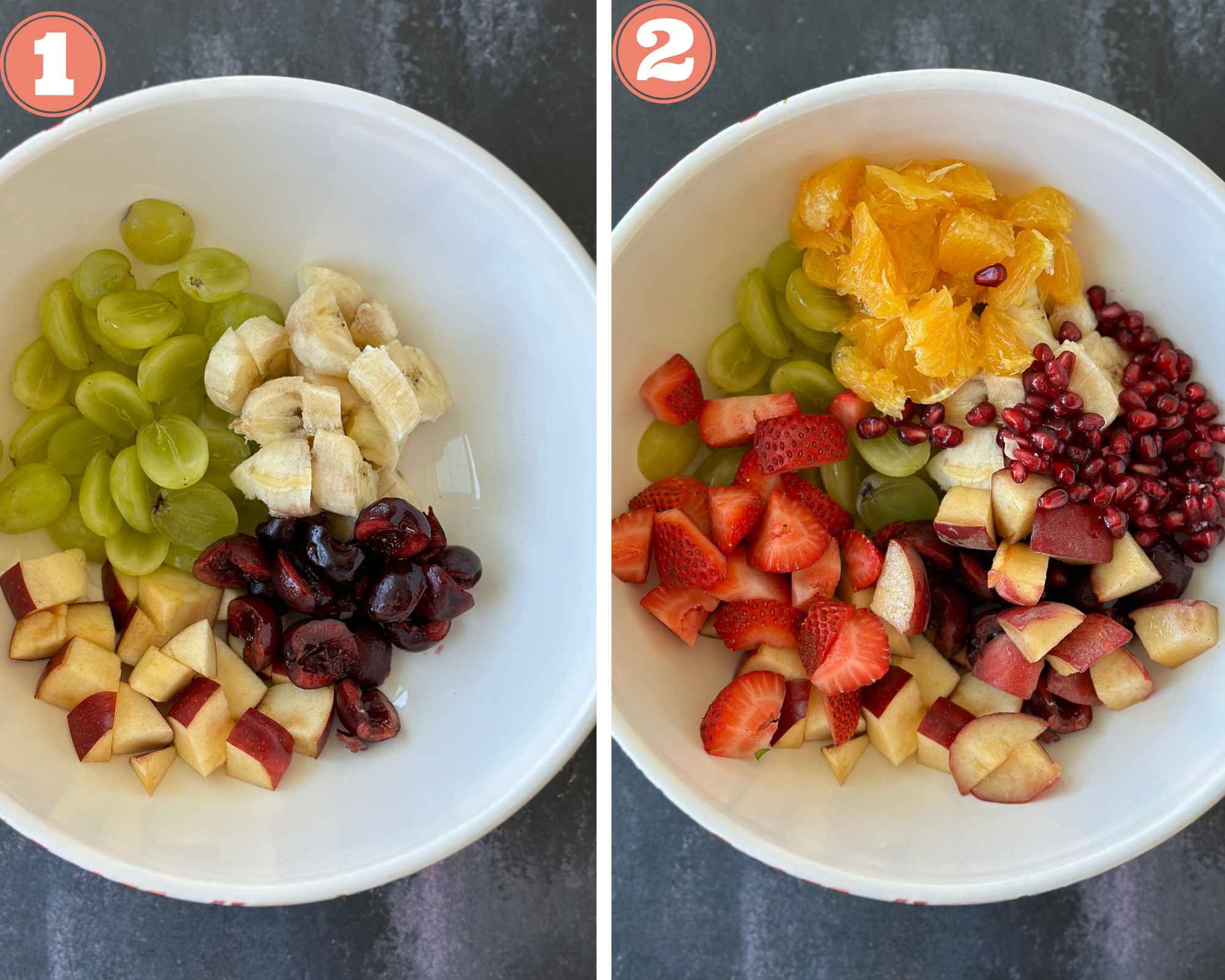 Collage steps to make fruit chaat; add all the fruits in a large bowl. 