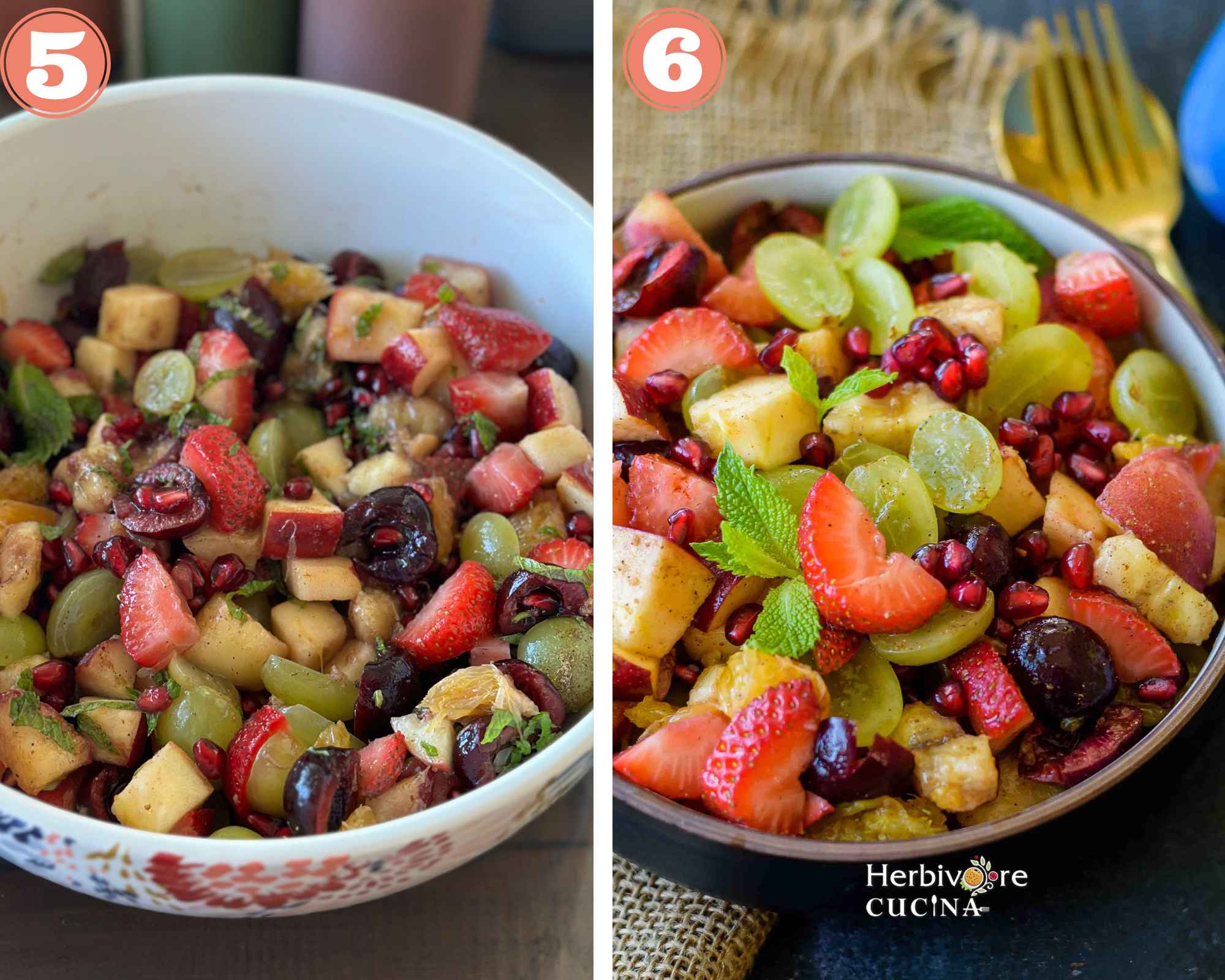Collage steps to make fruit chaat; mix well and serve with some int on top. 