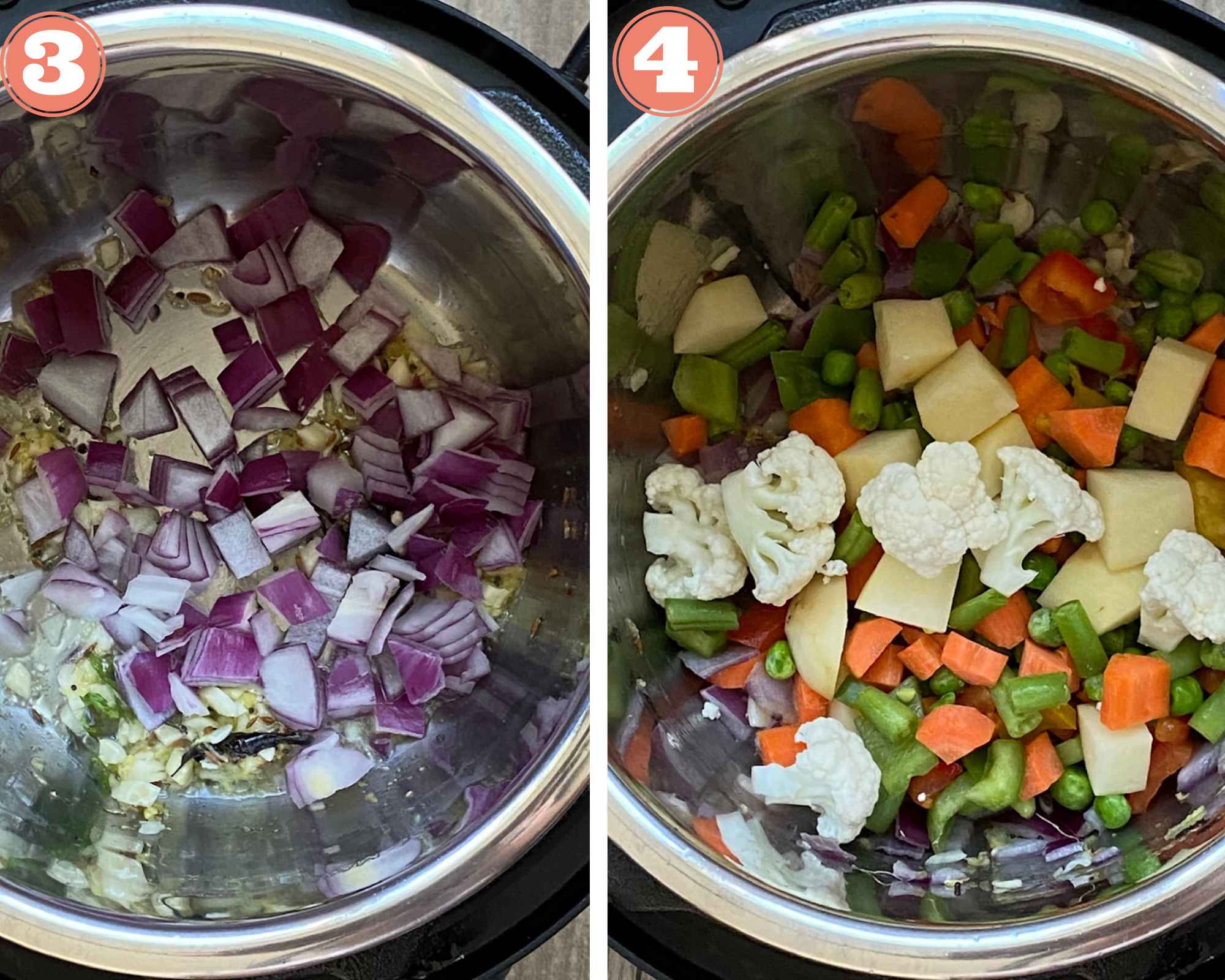 Collage steps to make Quinoa Bisibelebath; add onions and vegetables to the instant pot. 