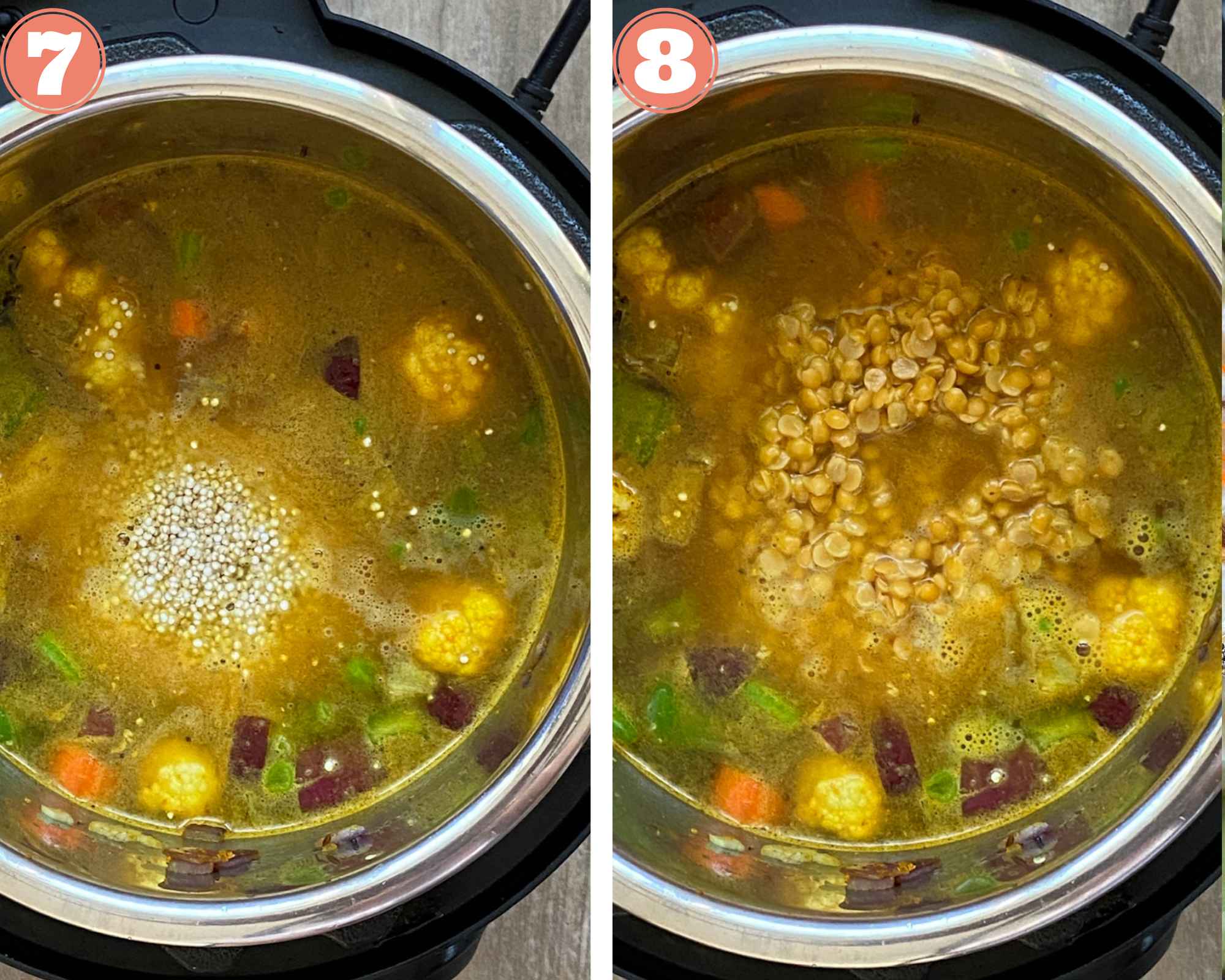 Collage steps to make Quinoa Bisibelebath; add quinoa and dal to the instant pot. 