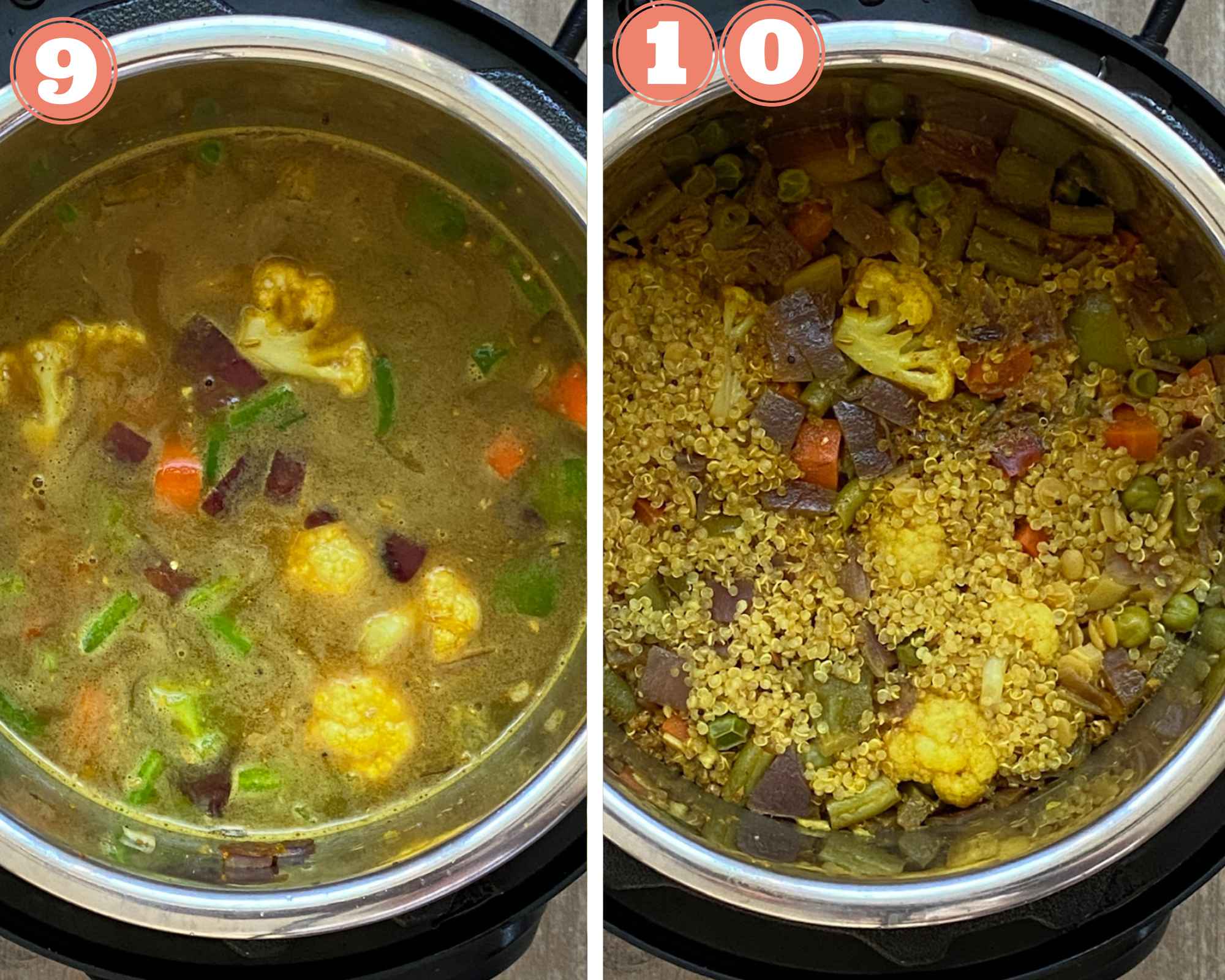Collage steps to make Quinoa Bisibelebath; pressure cook, open the instant pot and boil for a few minutes before serving. 