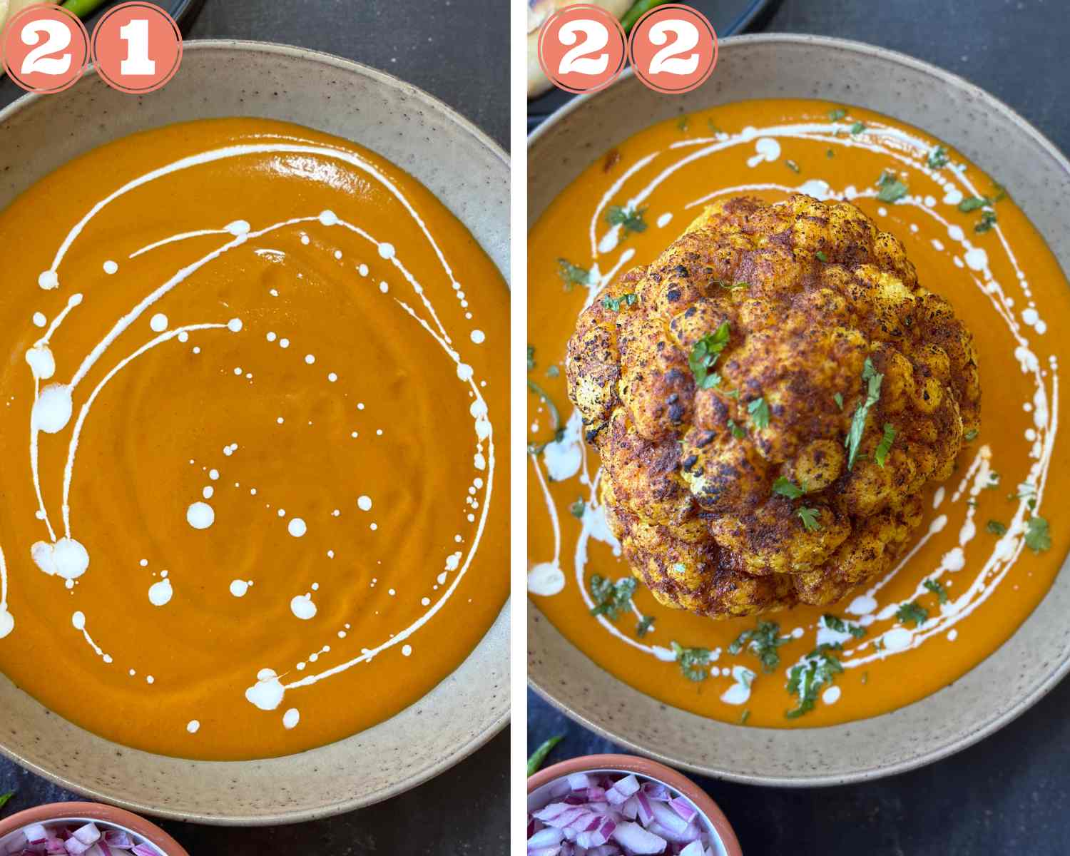 Collage steps for whole roasted cauliflower in instant pot; serving the roasted cauliflower over the curry. 
