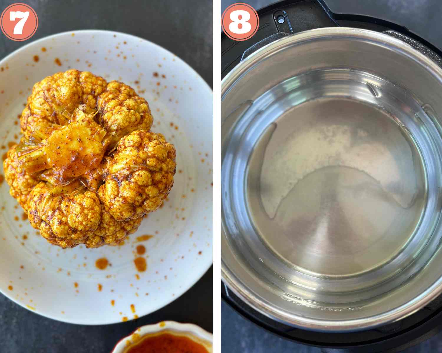 Collage steps for whole roasted cauliflower in instant pot; spreading the marinade all over heating oil in the instant pot. 