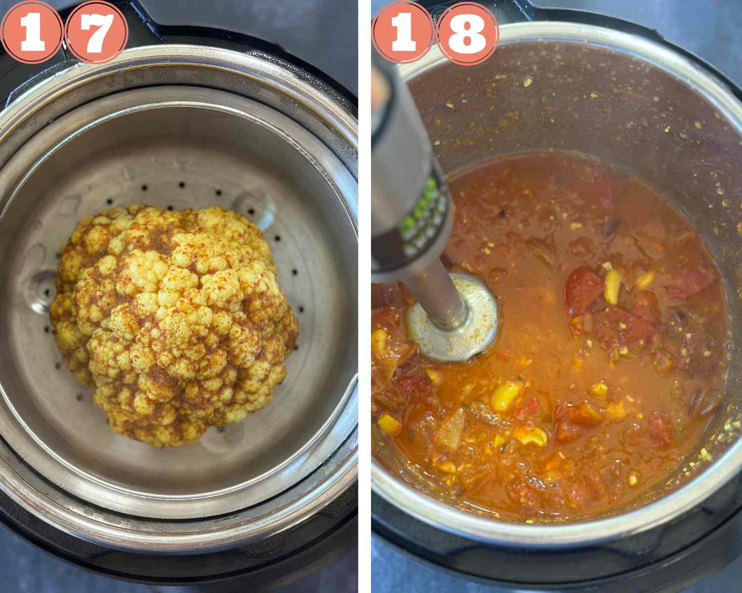 Collage steps for whole roasted cauliflower in instant pot; steaming the cauliflower and processing the gravy using an immersion blender. 