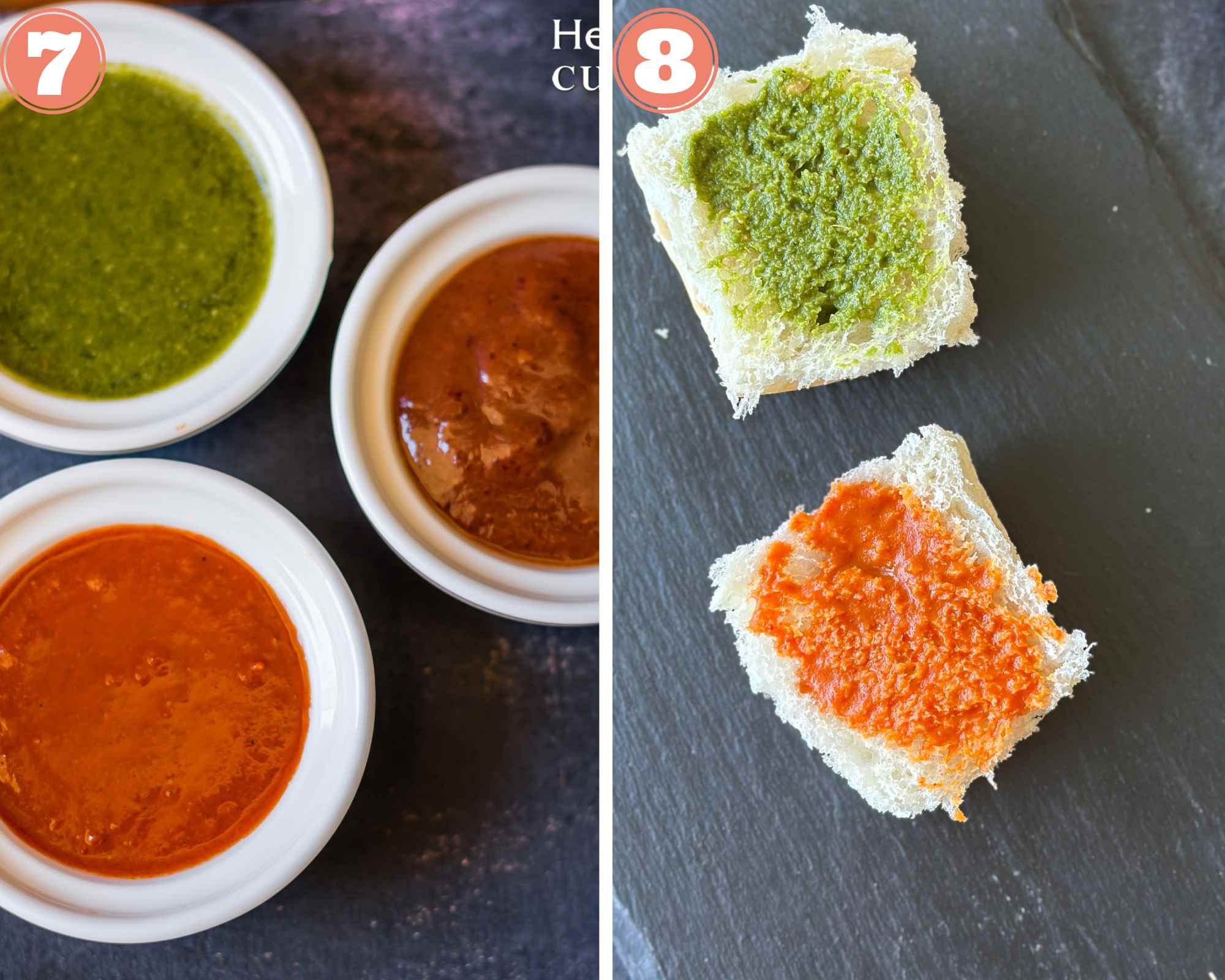 Collage steps for making Kutchi Dabeli; prepare the chutneys and slit the pav and spread chutney on it. 