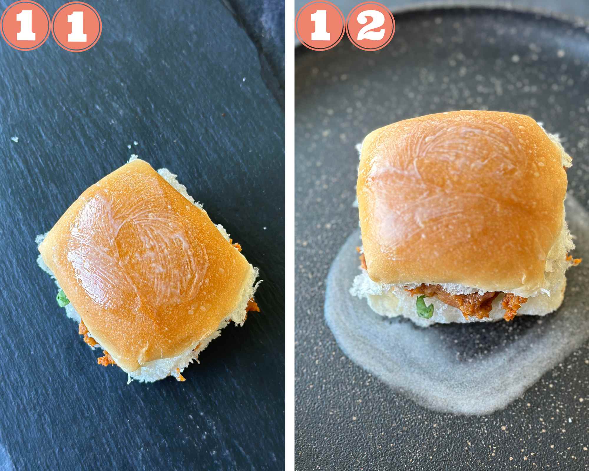 Collage steps for making Kutchi Dabeli; close the pav and toast on a tava with some oil. 