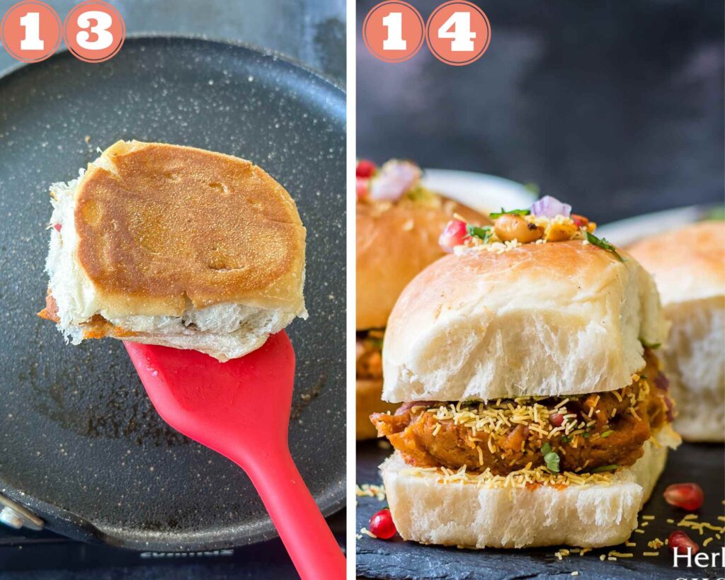 Collage steps for making Kutchi Dabeli; toast well and serve. 