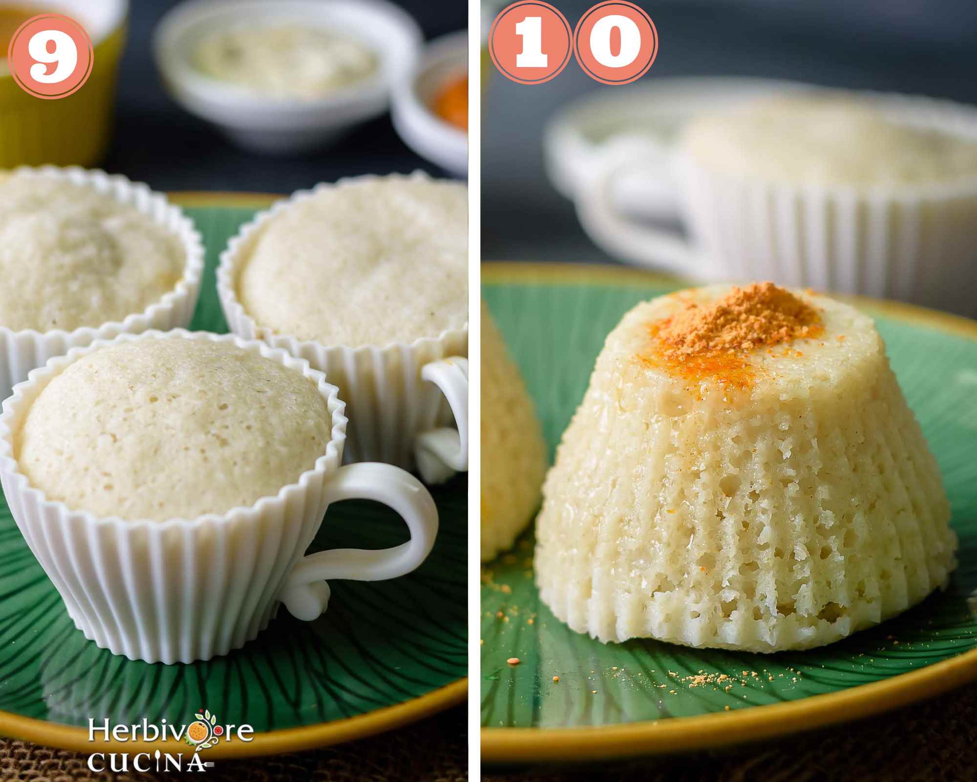 Collage steps to make lava idli; cool and top with chutney and ghee before serving. 