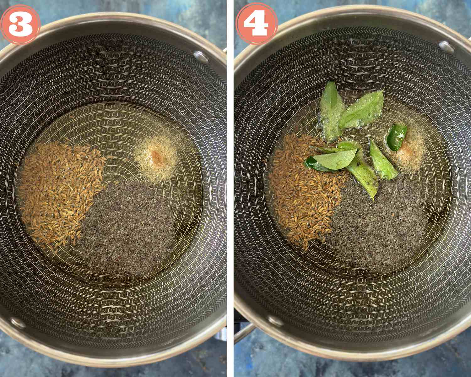 Collage steps to make Matki ki Sabzi; add tempering ingredients in oil and let them pop. 