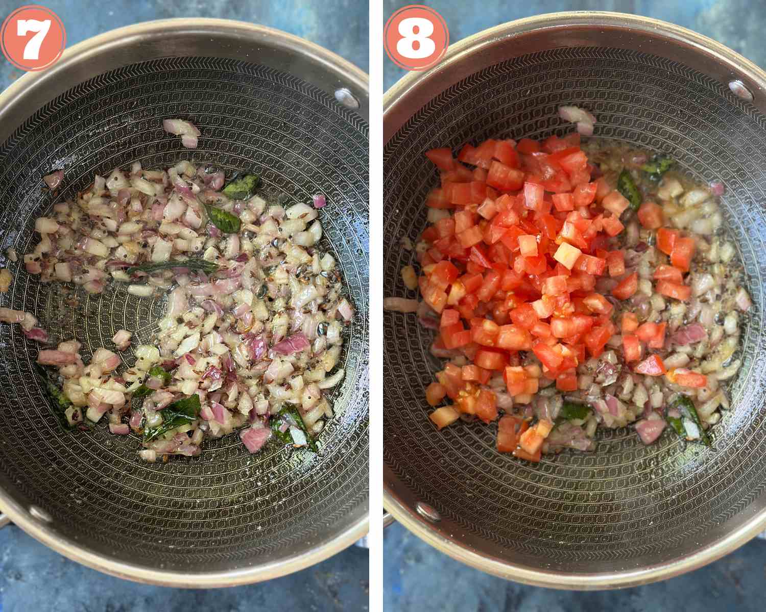 Collage steps to make Matki ki Sabzi; add the tomatoes. 