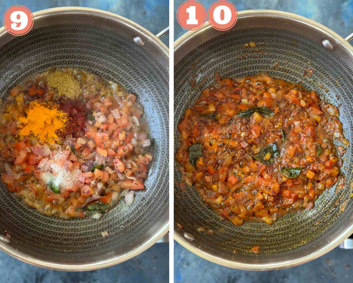 Collage steps to make Matki ki Sabzi; add the spices and cook everything well. 