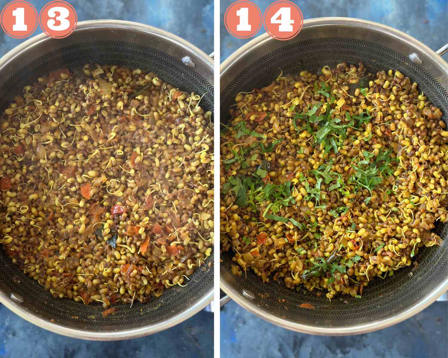 Collage steps to make Matki ki Sabzi; cook the matki beans and serve topped with cilantro and lemon juice. 