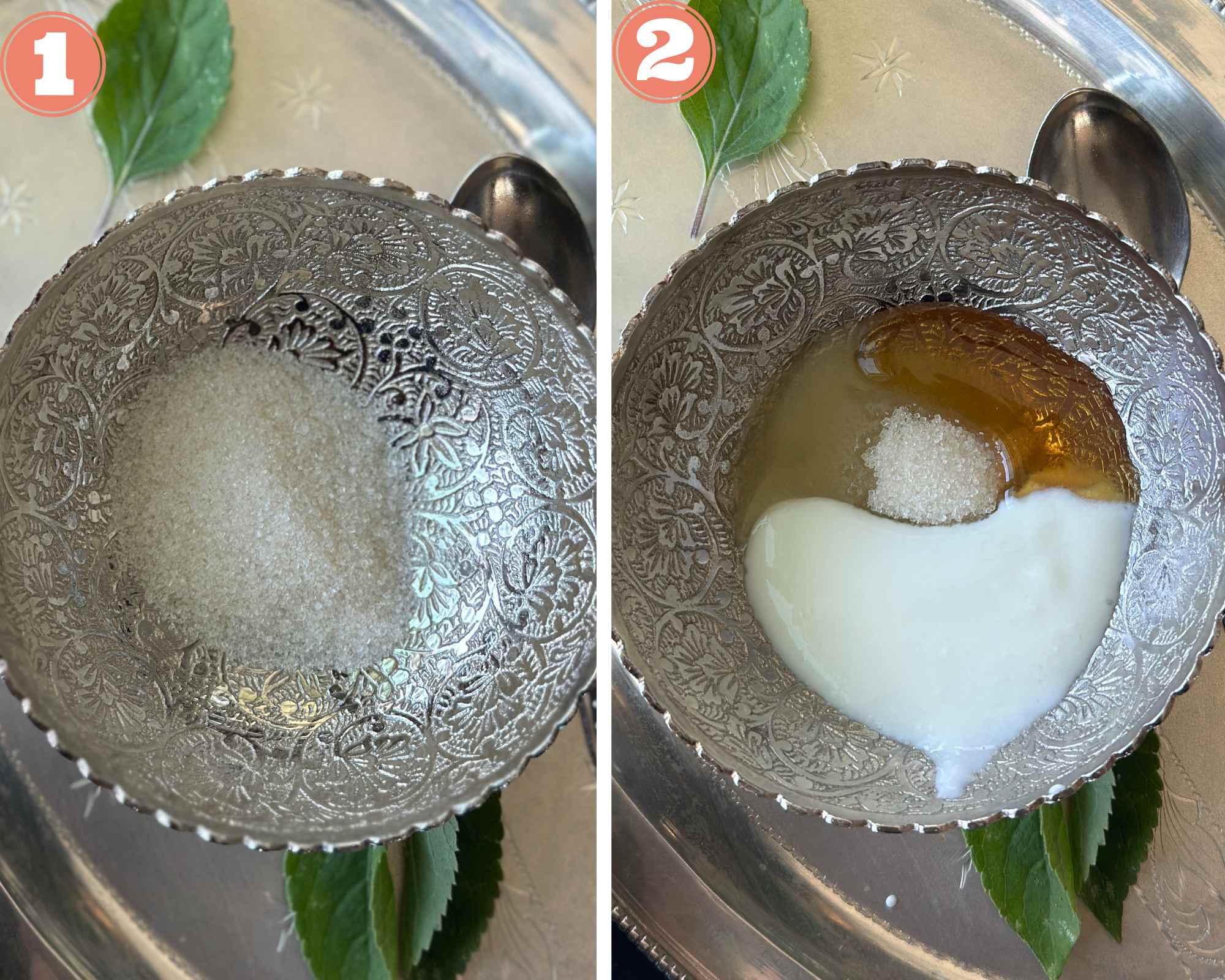 Collage steps to make Panchamrit; add sugar and other elements in a silver bowl. 