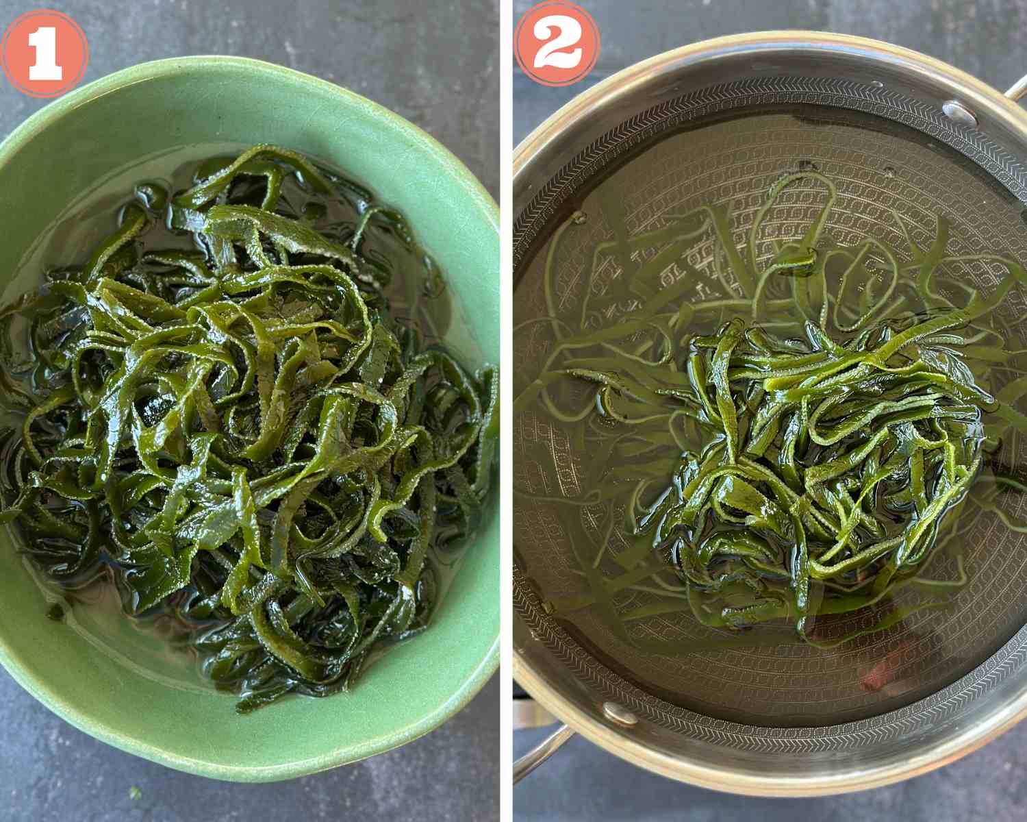 Collage steps to make Chinese Seaweed Salad; drain the seaweed and add to a pan of boiling water. 