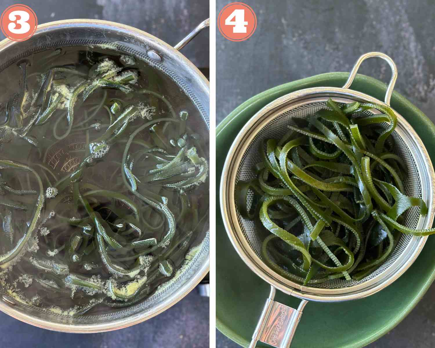 Collage steps to make Chinese Seaweed Salad; boil the seaweed and drain them once cooked. 